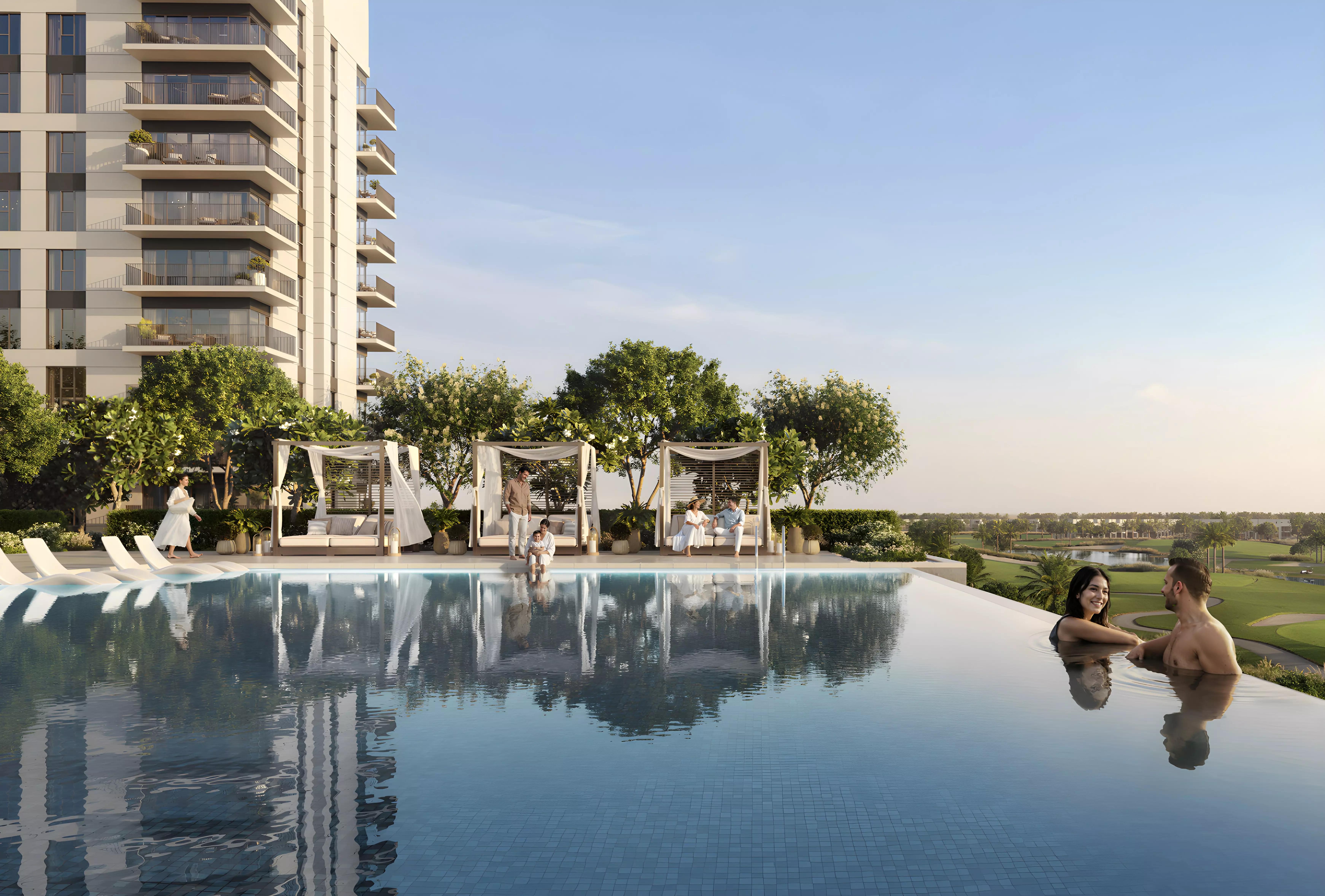Golf Vale apartment terraces facing the 18-hole championship course, Emaar South