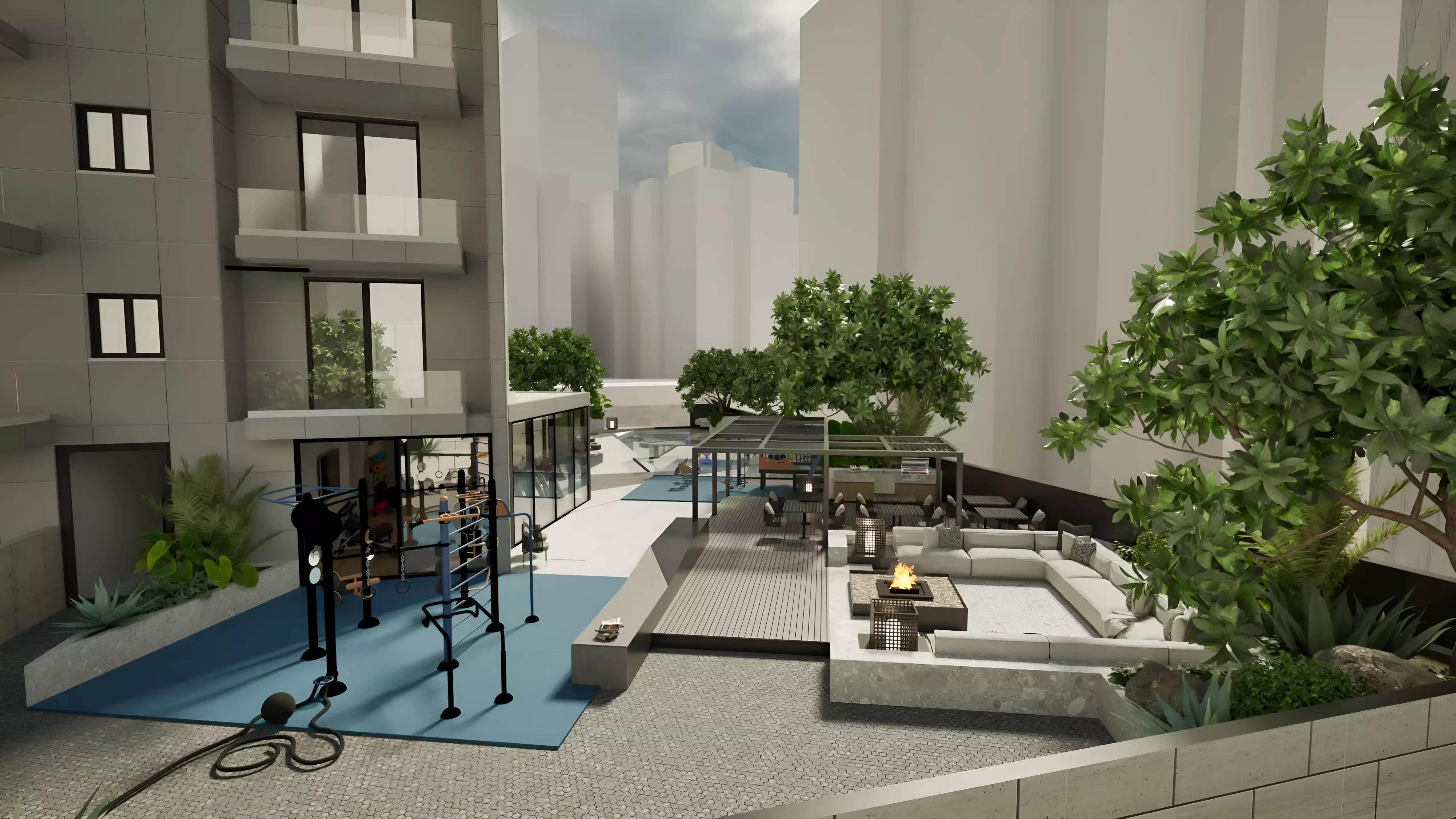Esplora building amenity area with landscaped surroundings, JVC, Dubai