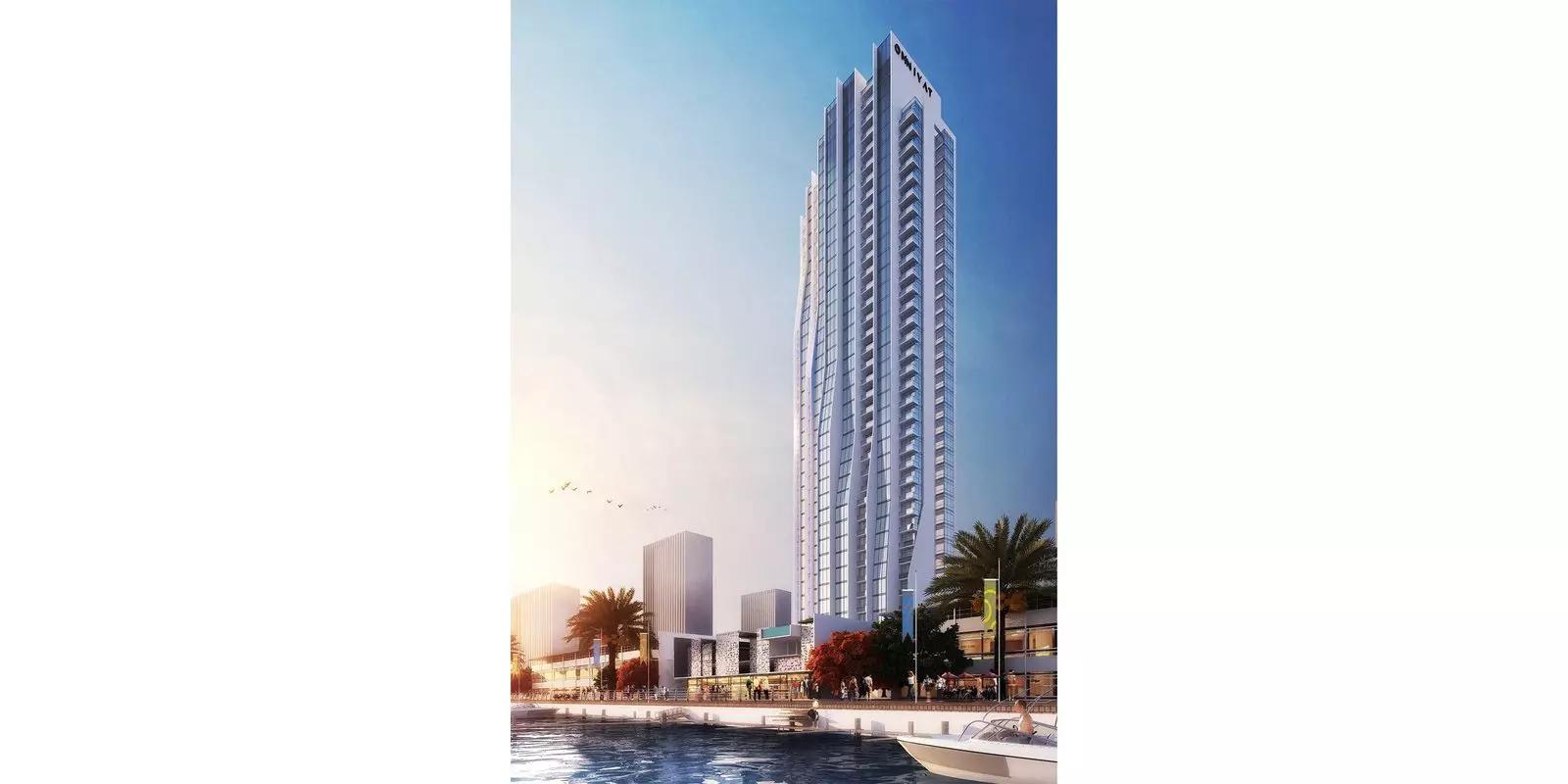 Anwa Phase 2 building facade and waterfront setting, Dubai Maritime City