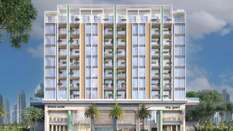 Enso Jade apartment building exterior facade in Jumeirah Garden City, Al Satwa, Dubai