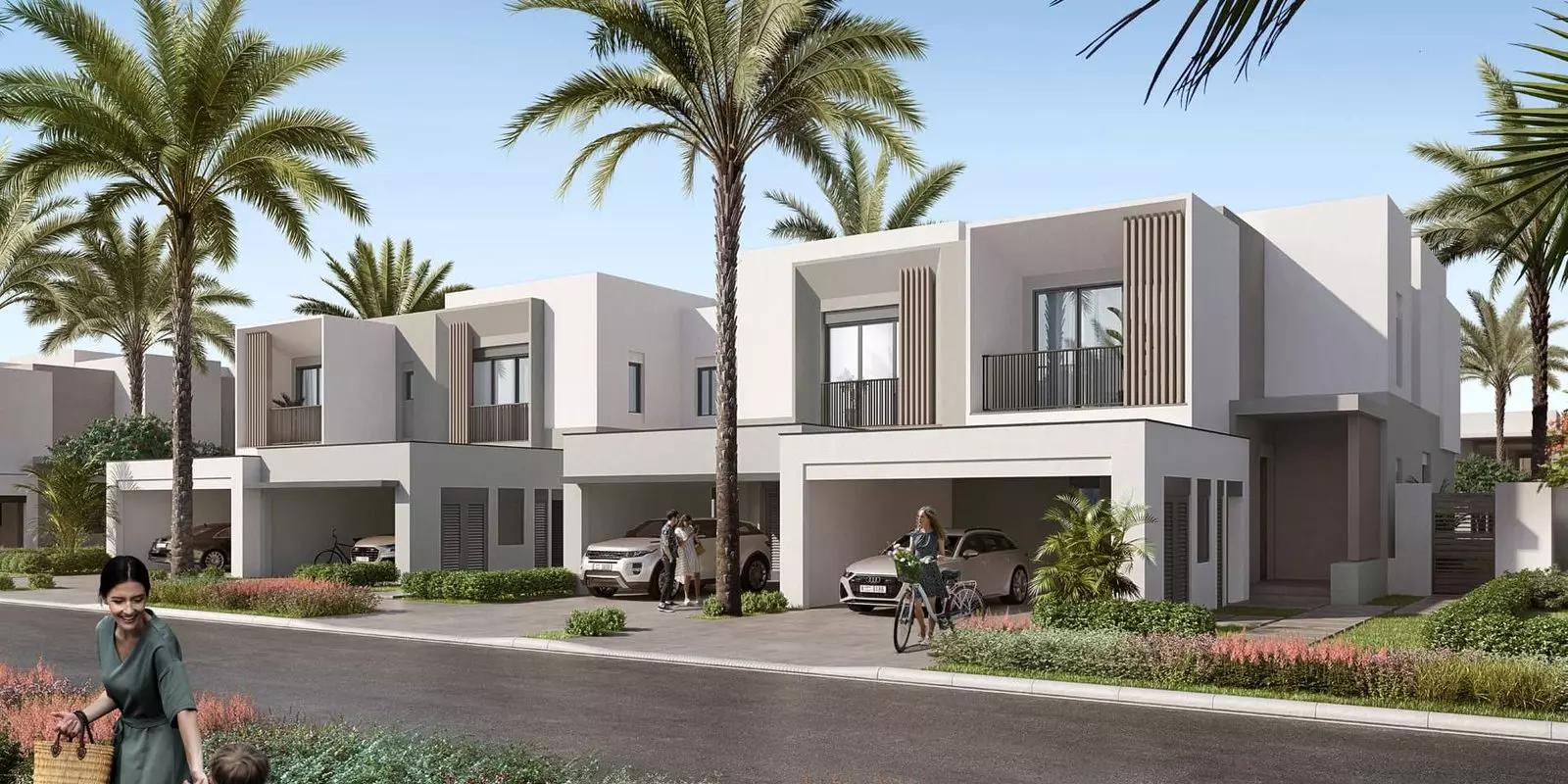 Townhouse facade with private garden at Jebel Ali Village, Dubai
