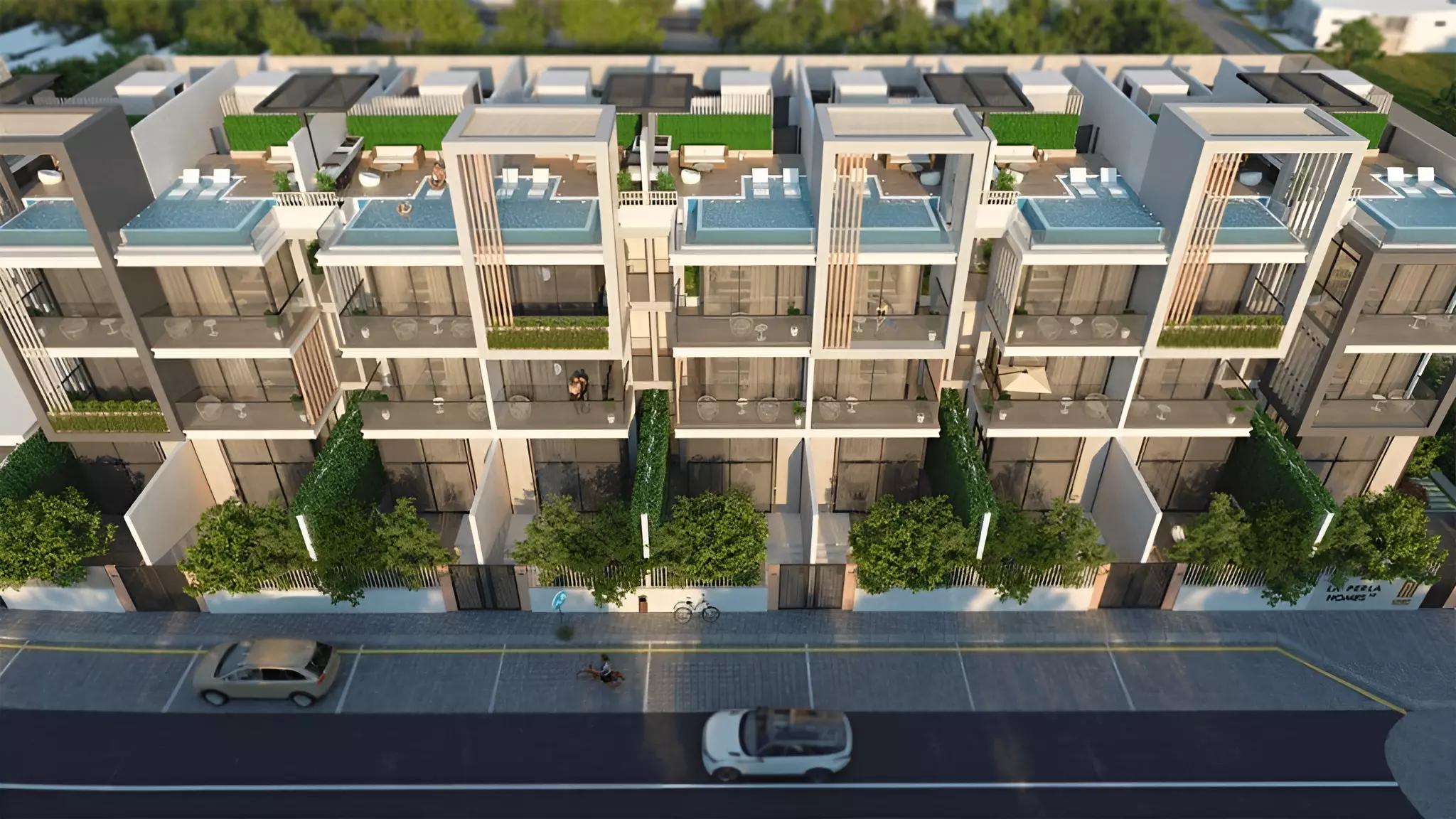 La Perla Homes community facade and driveway, JVC, Dubai