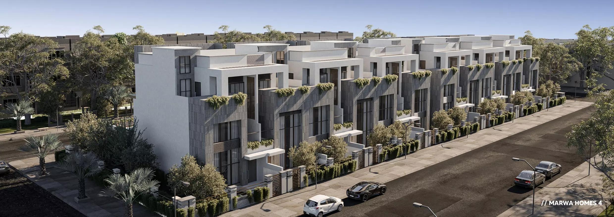 Marwa Homes Phase 4 townhouse street view with landscaped frontage, JVC, Dubai