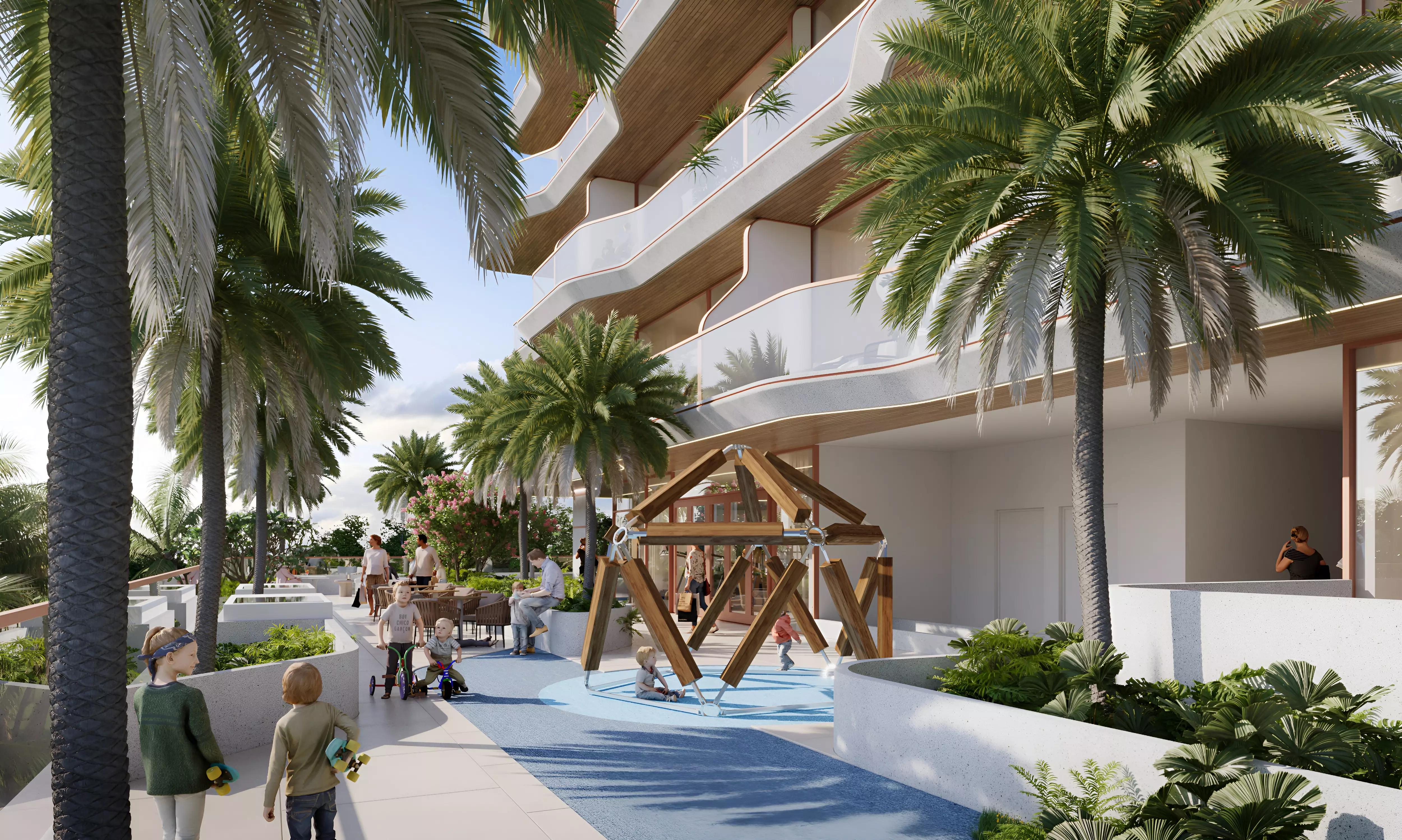 Flow Residences project rendering at dusk, Dubai Islands