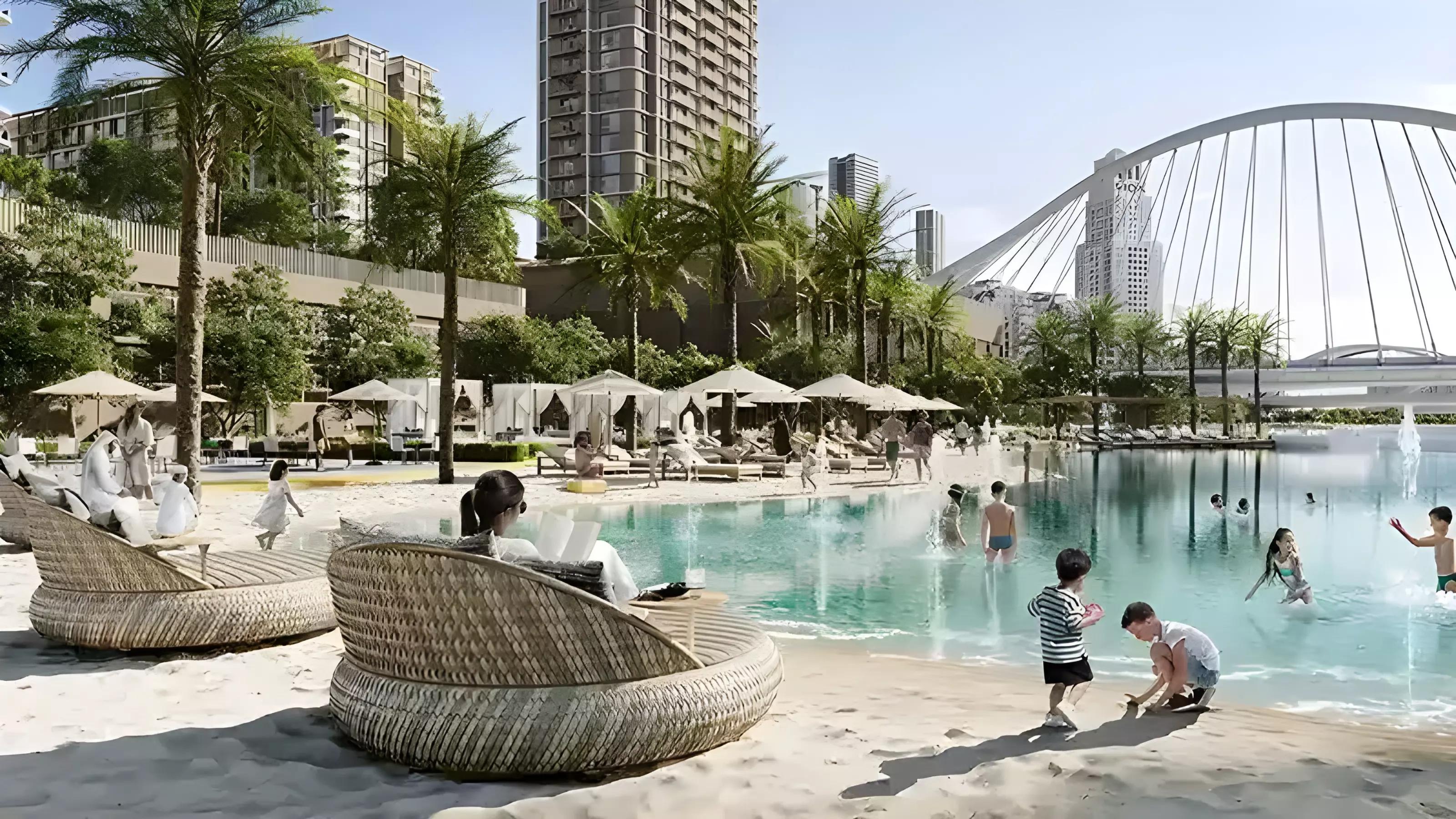 Albero residential building view from the community gardens, Dubai Creek Harbour, Dubai