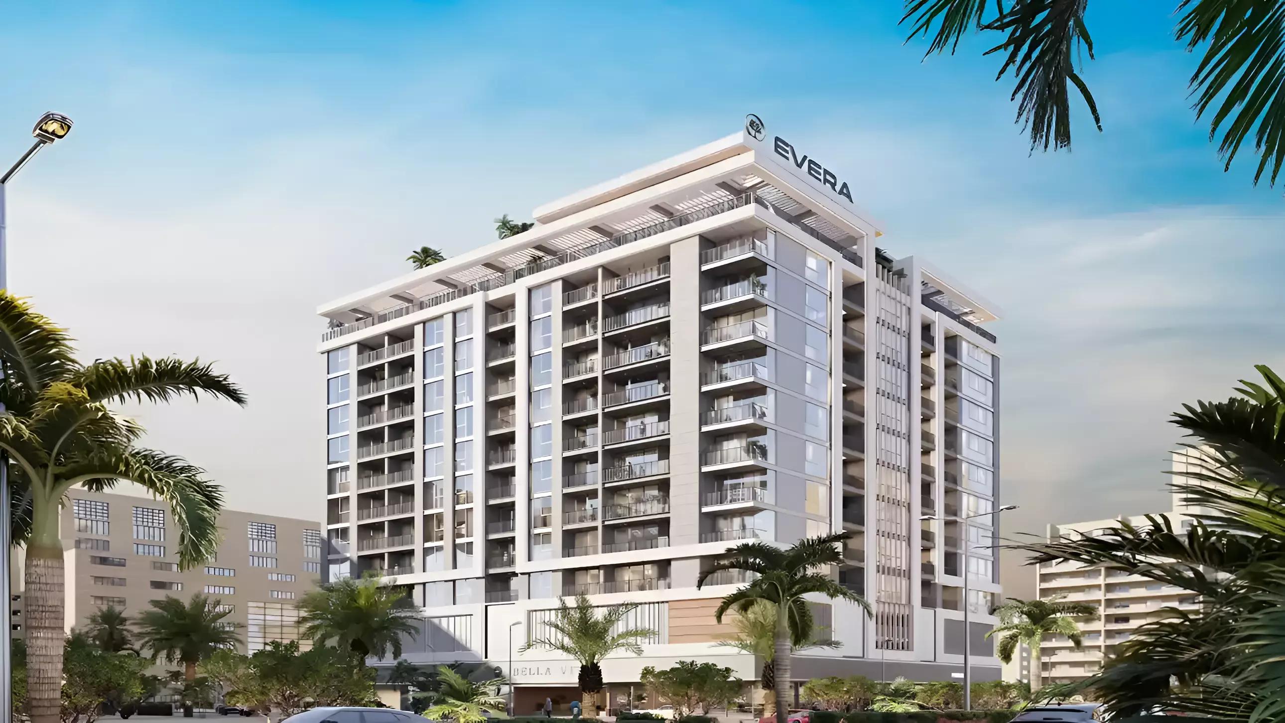 Olivo Park Residences exterior facade, Jumeirah Village Circle, Dubai