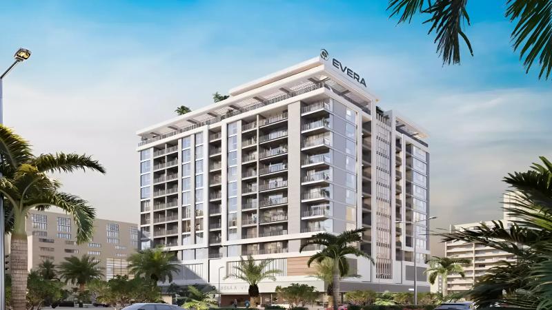 Olivo Park Residences exterior facade, Jumeirah Village Circle, Dubai