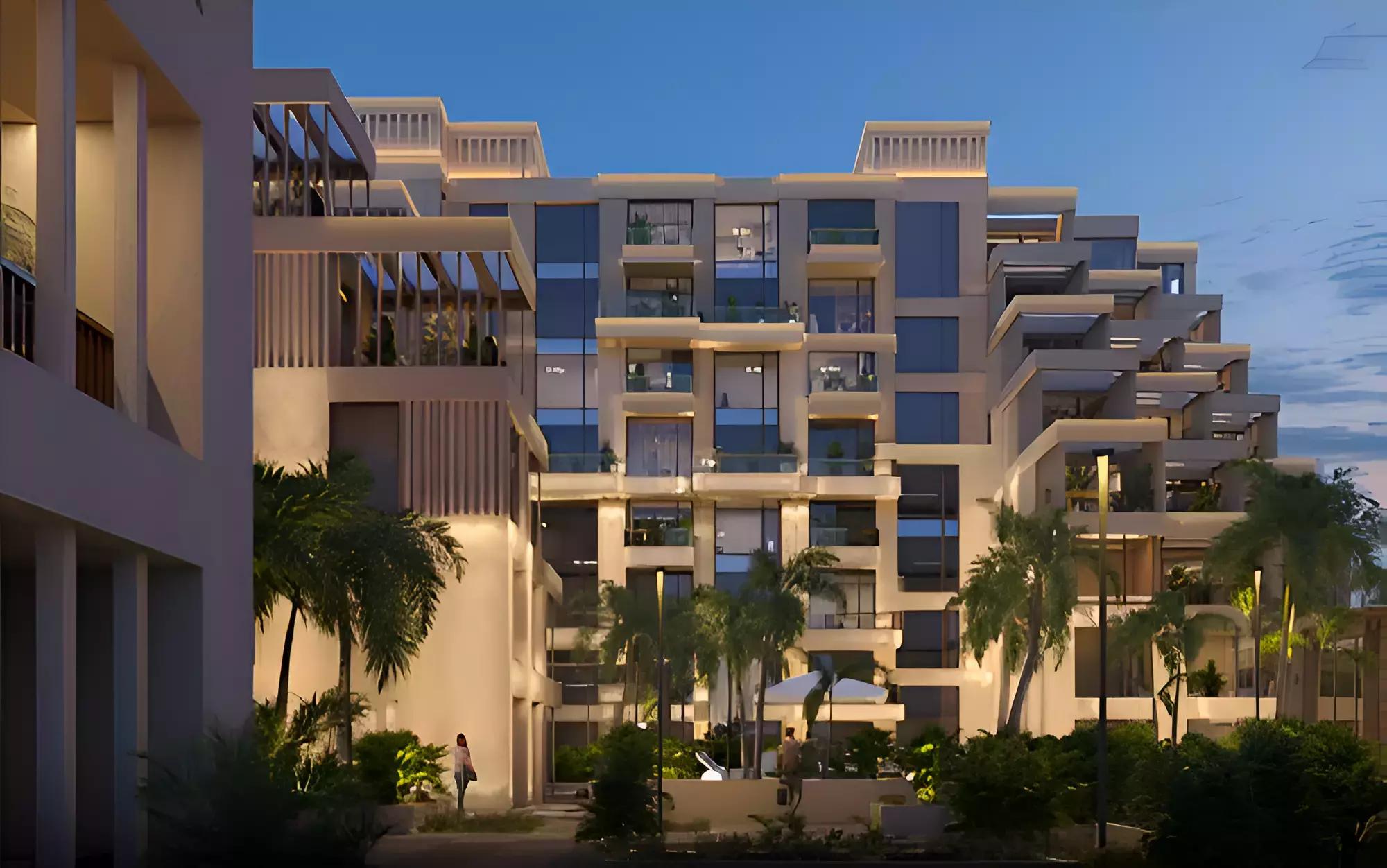 Arisha Terraces building entrance and landscaping, Dubai Studio City