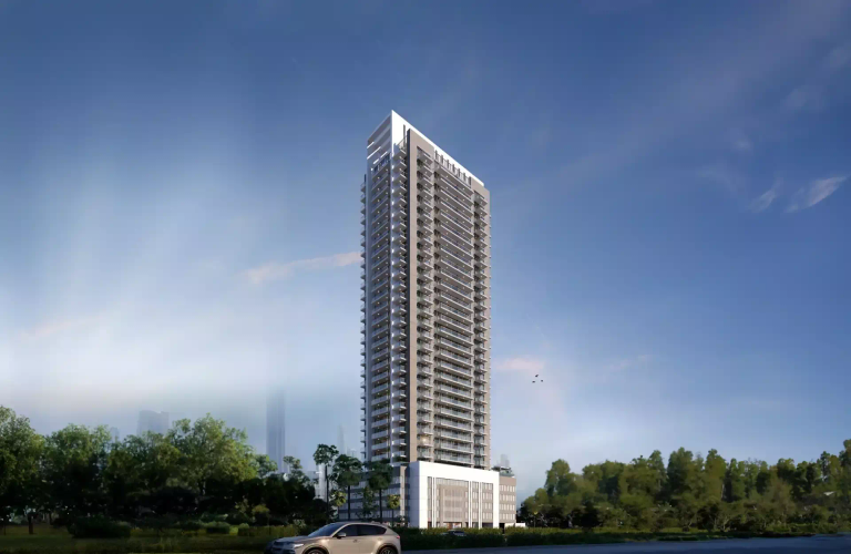 Exterior facade of Violet Tower apartment building in Jumeirah Village Circle, Dubai