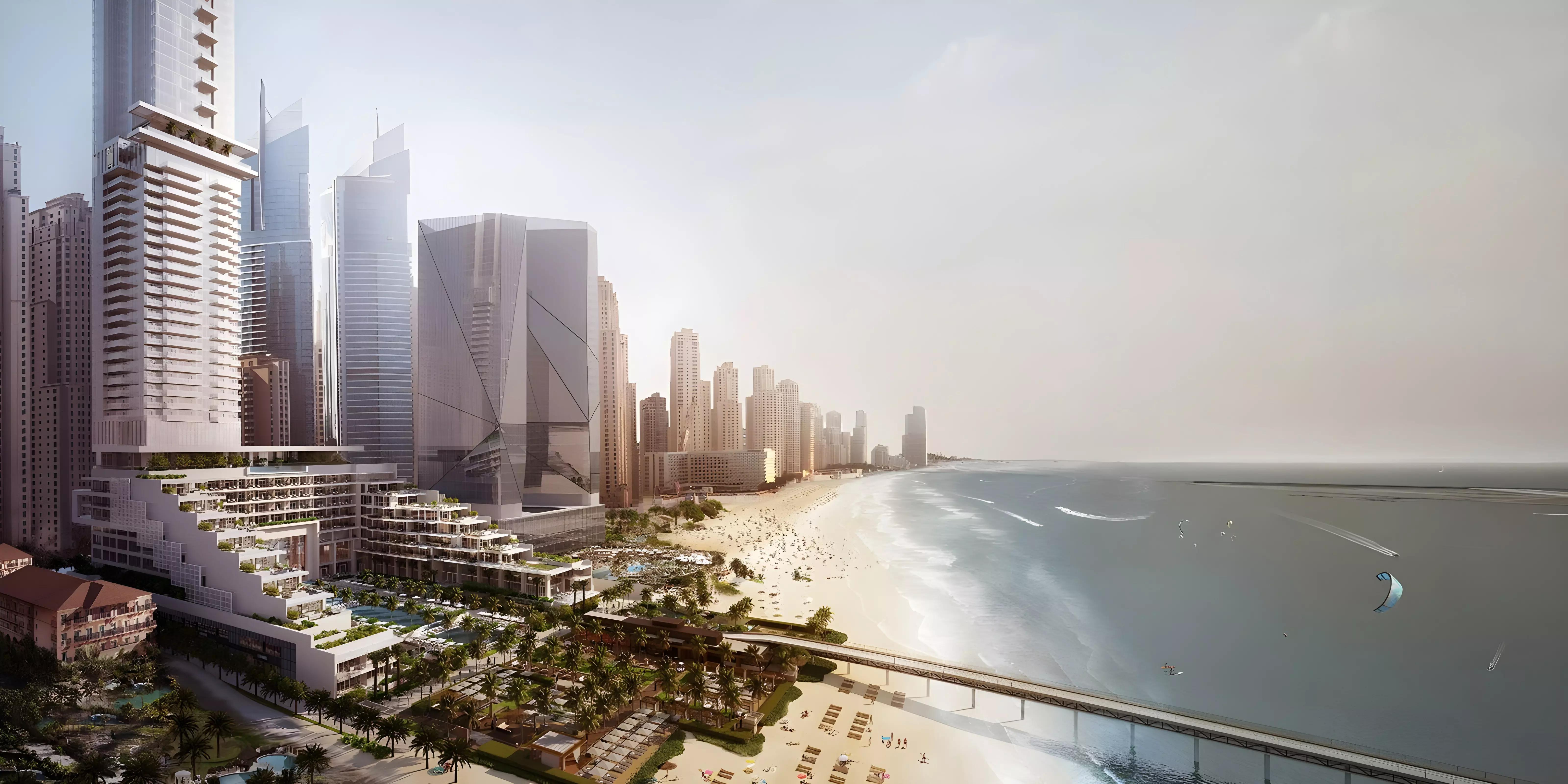 Five Luxe JBR apartment interior living area with sea-facing balcony, Dubai