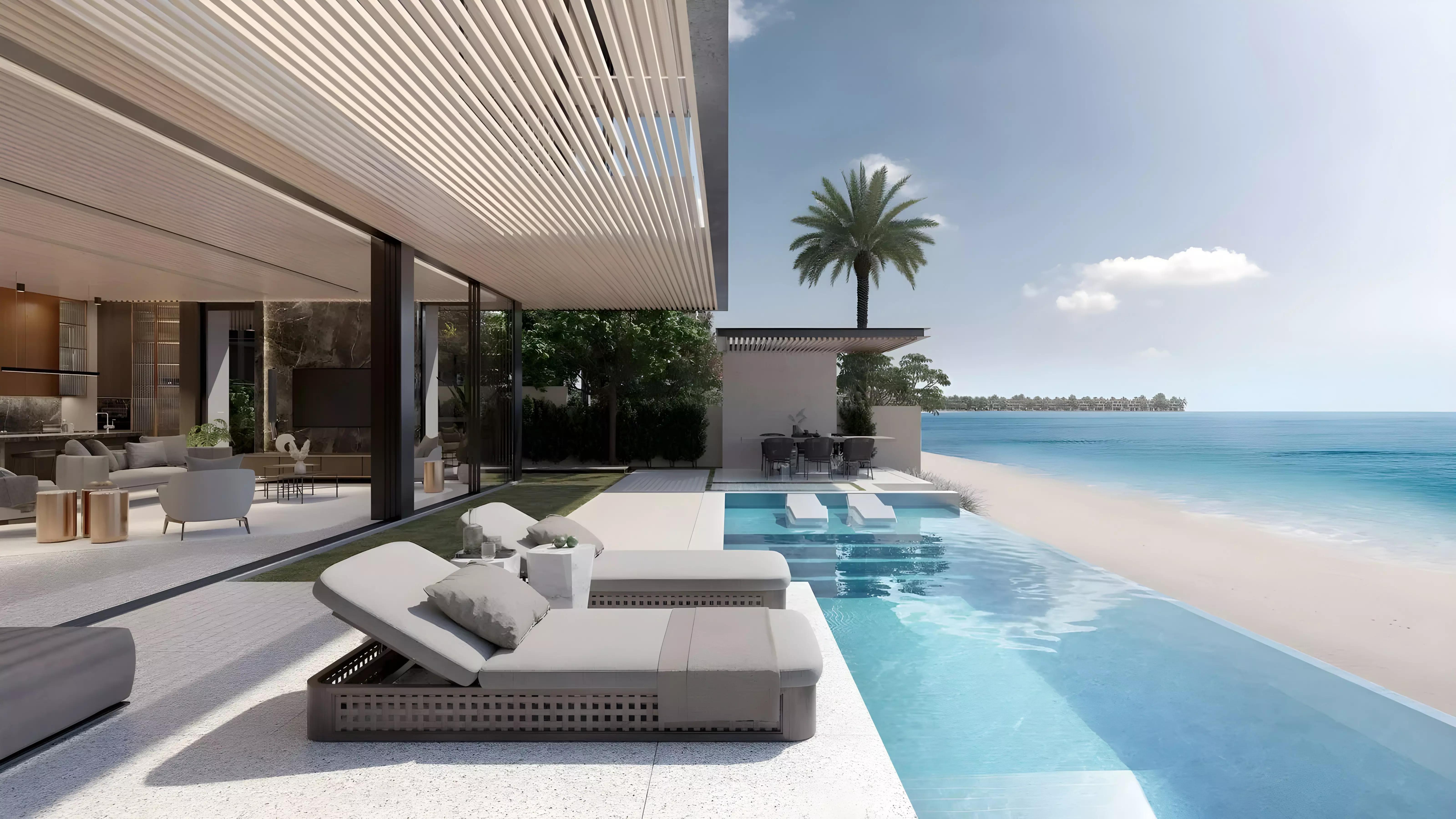 Crystal Springs Villa living interior with natural light, Palm Jebel Ali