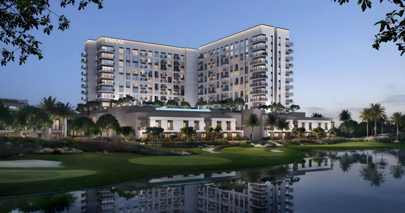 Golf Vale apartment terraces facing the 18-hole championship course, Emaar South