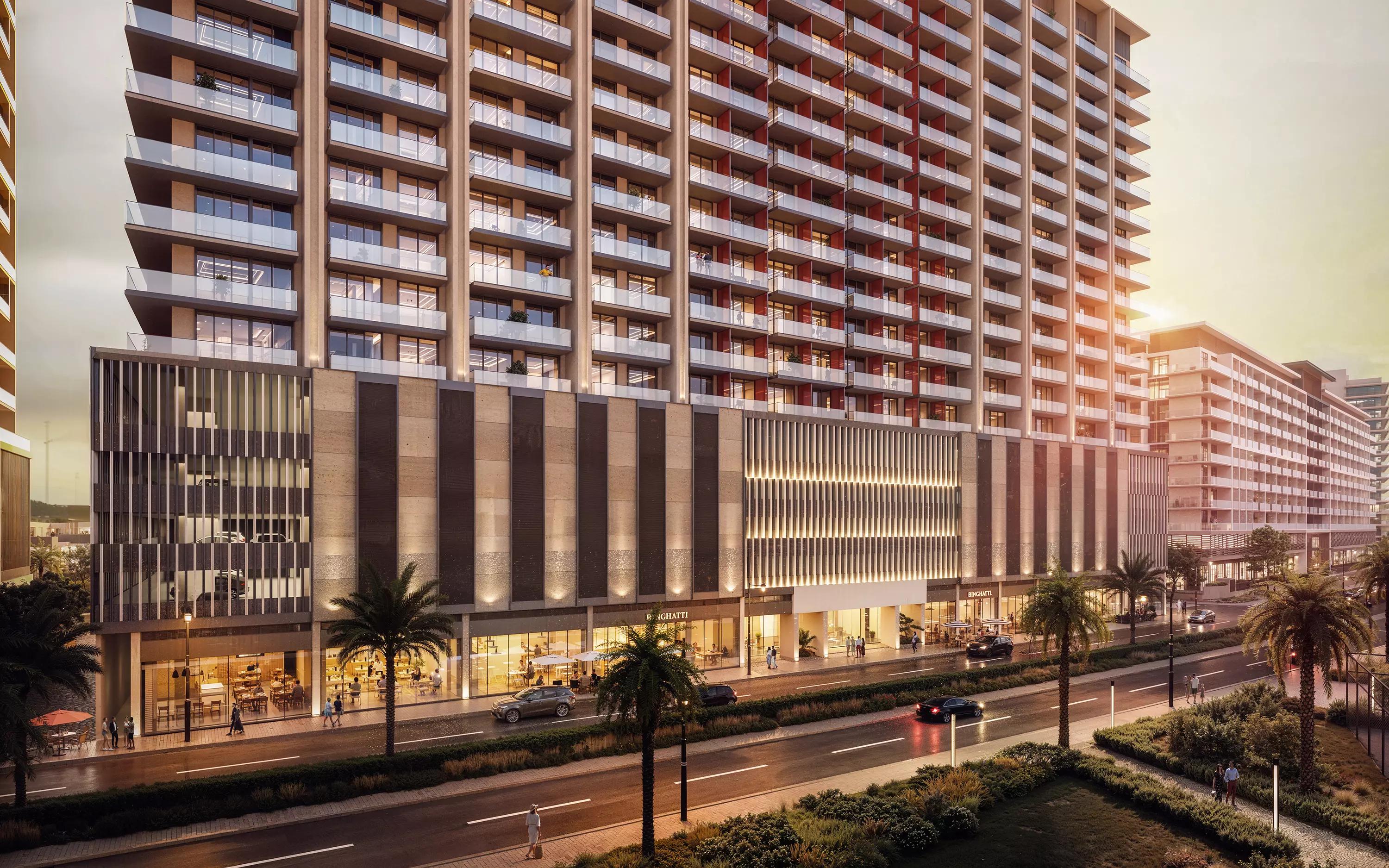 Binghatti Ruby landscaped gardens and outdoor seating, JVC, Dubai