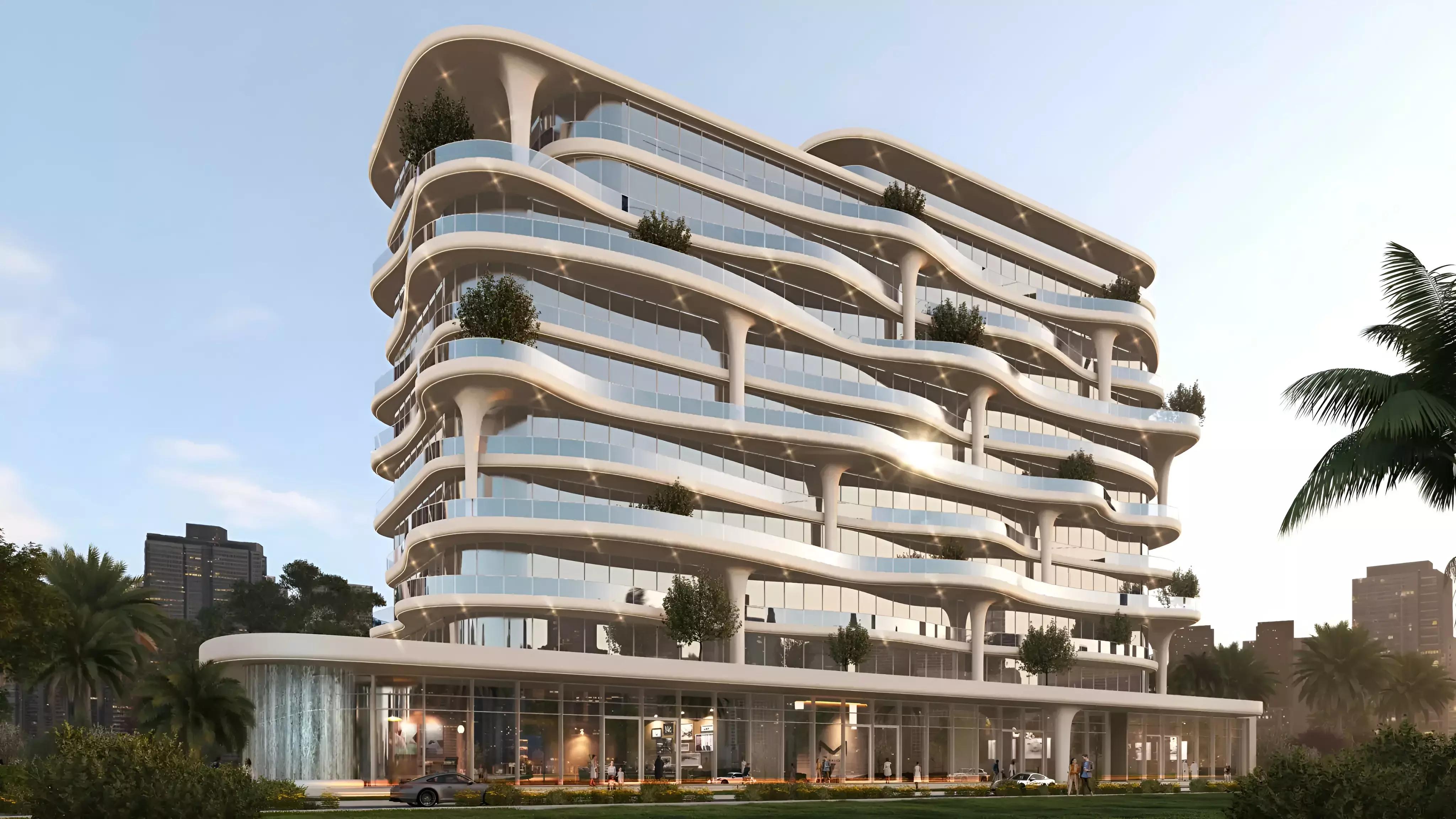 Coralis Residences exterior facade with landscaped entrance, Meydan One, Dubai