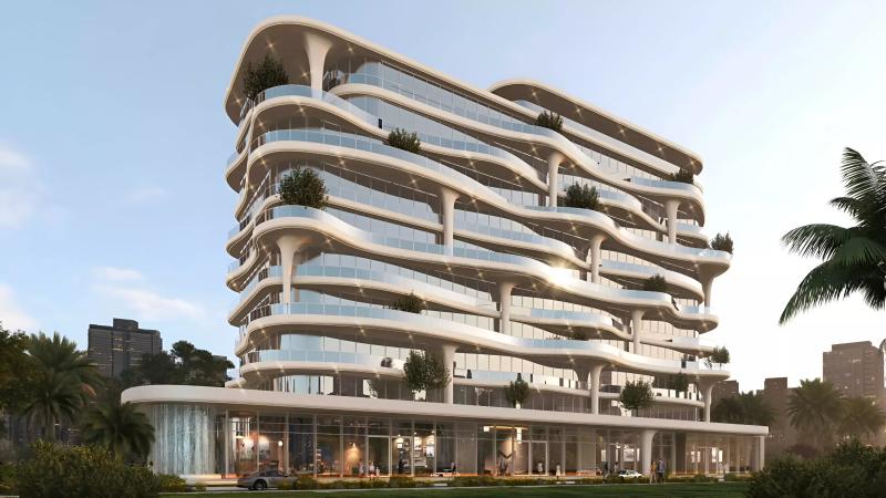 Coralis Residences exterior facade with landscaped entrance, Meydan One, Dubai