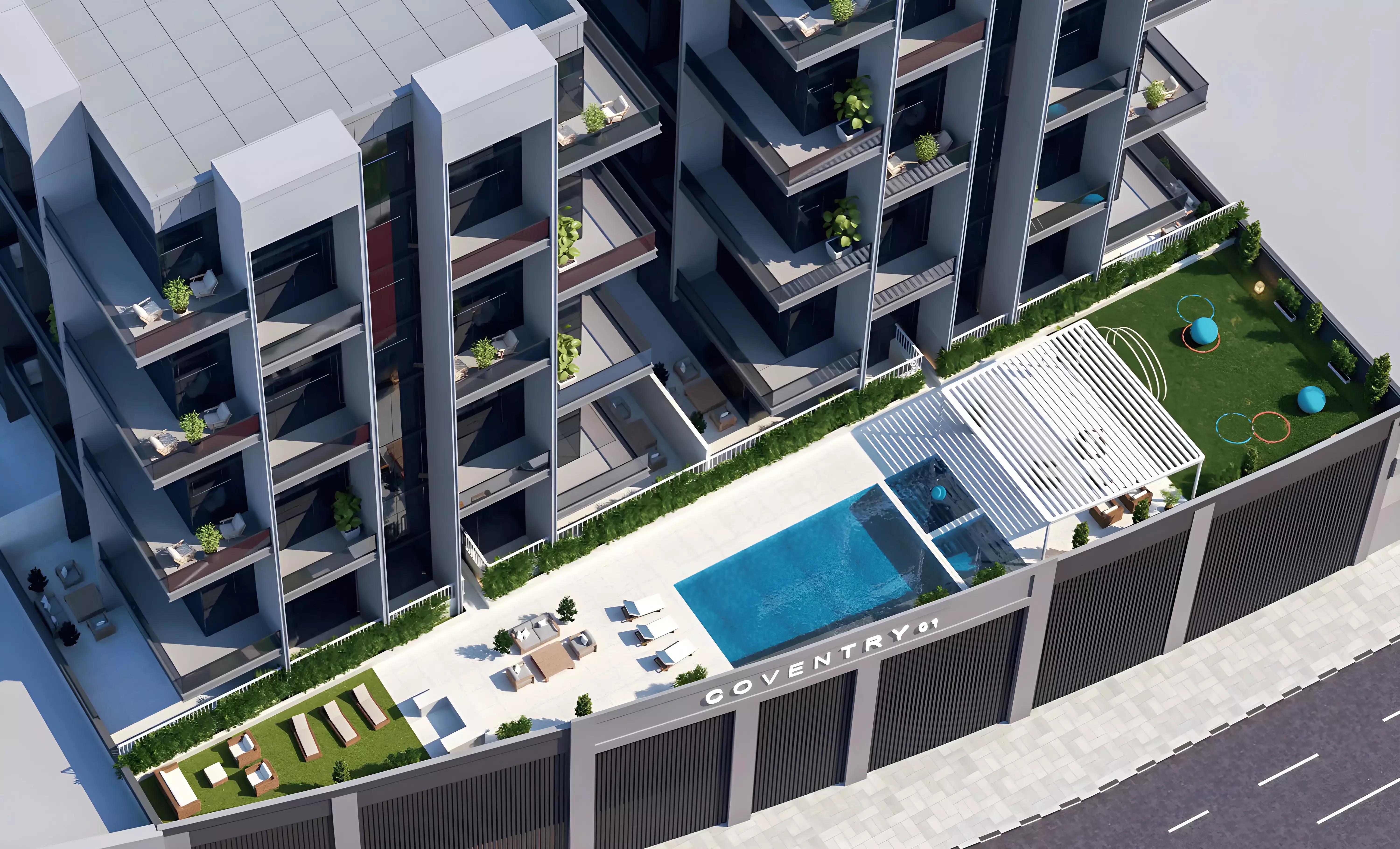 Coventry Twins landscaped garden and outdoor amenity area, Dubai Industrial City