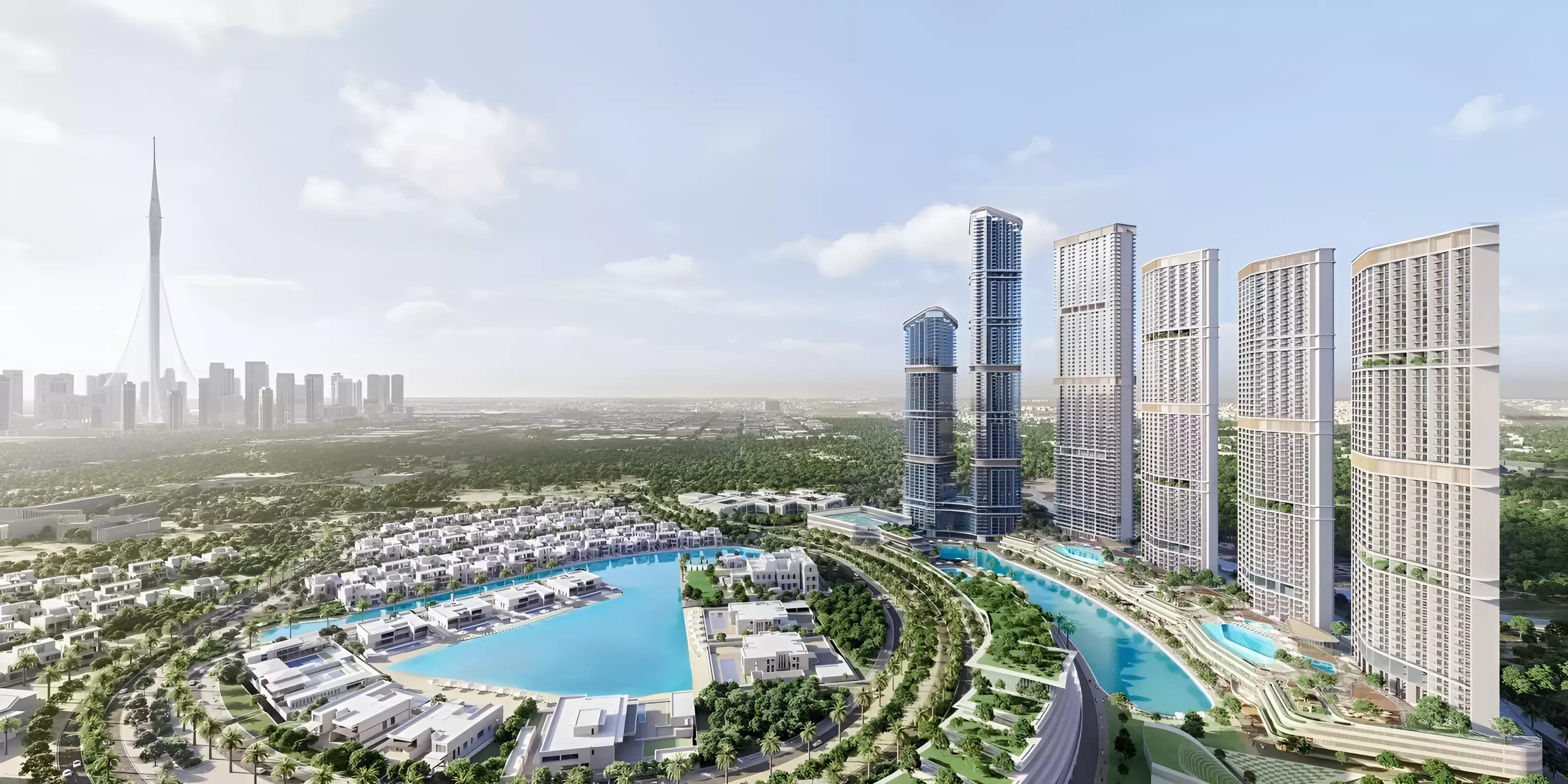 330 Riverside Crescent tower exterior view, Sobha Hartland II, Bukadra, Dubai