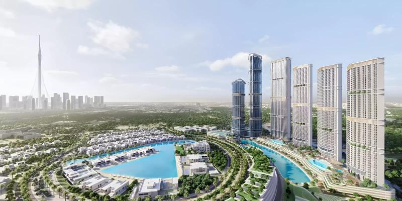 330 Riverside Crescent tower exterior view, Sobha Hartland II, Bukadra, Dubai