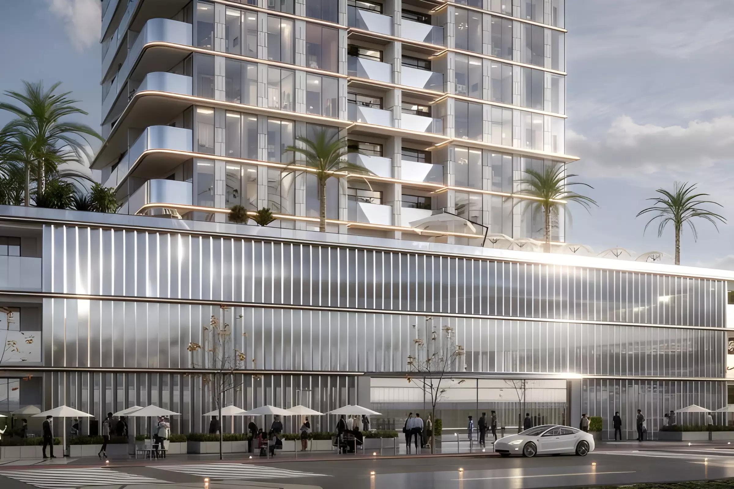 Merdan Residences building elevation with landscaped surroundings, Dubai Sports City