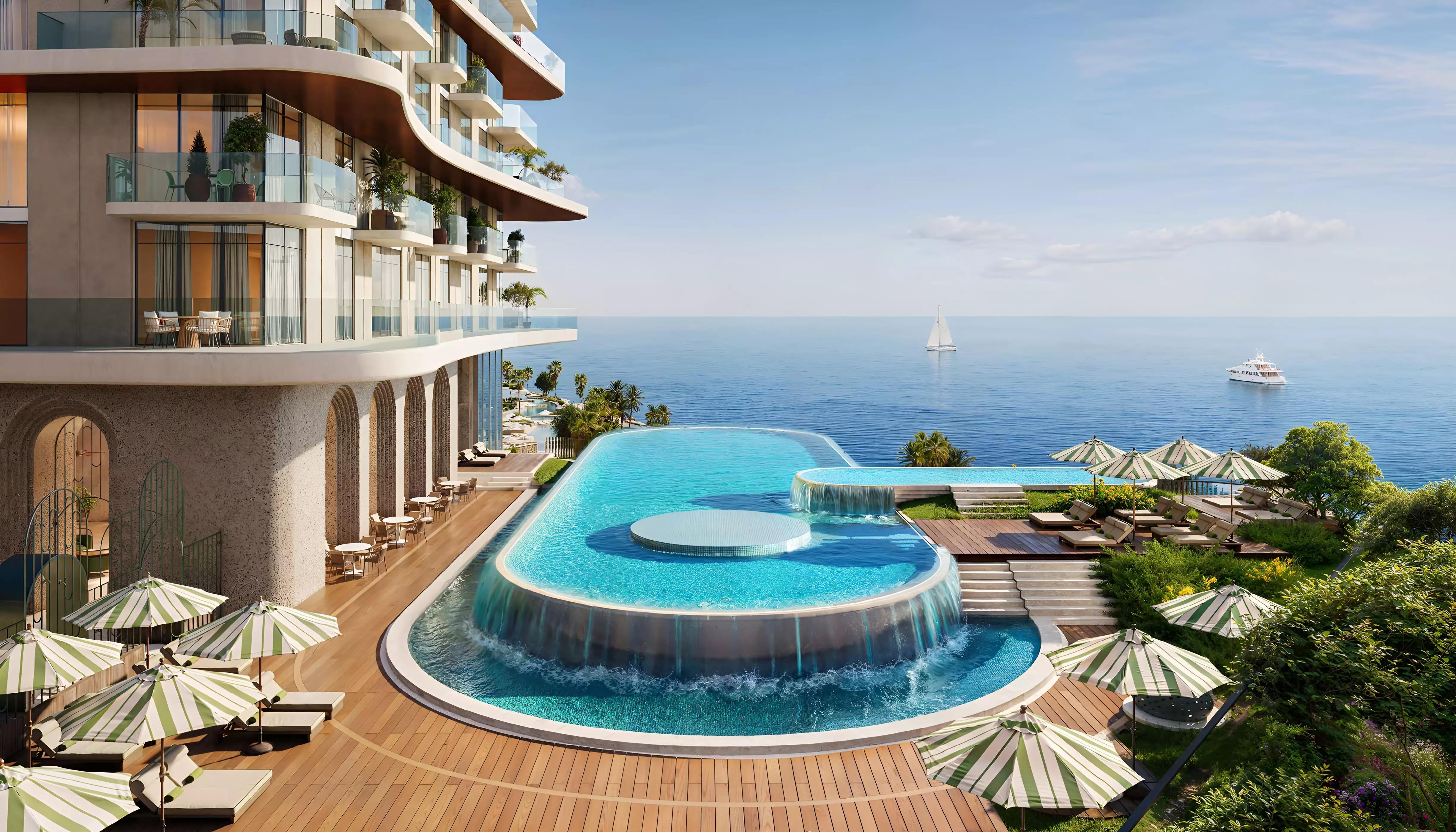 Sensia residential facade and waterfront setting, Dubai Maritime City