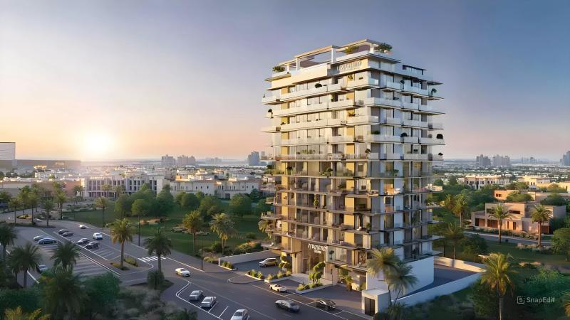 Exterior render of Arlington Park Phase 2 apartment building by Majid Developments, Dubai Land Residence Complex