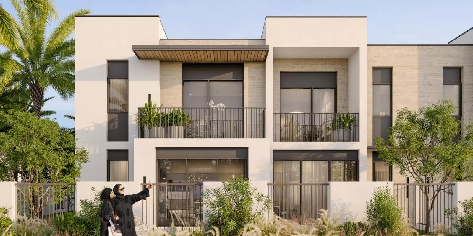 Anya Phase 2 townhouse exterior with landscaped front garden, Arabian Ranches 3, Dubai