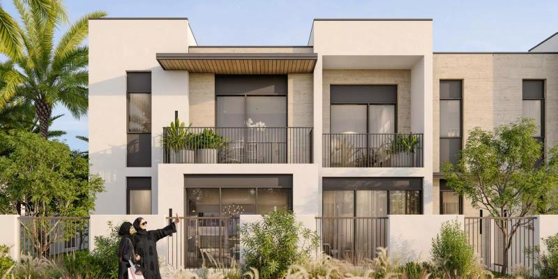 Anya Phase 2 townhouse exterior with landscaped front garden, Arabian Ranches 3, Dubai