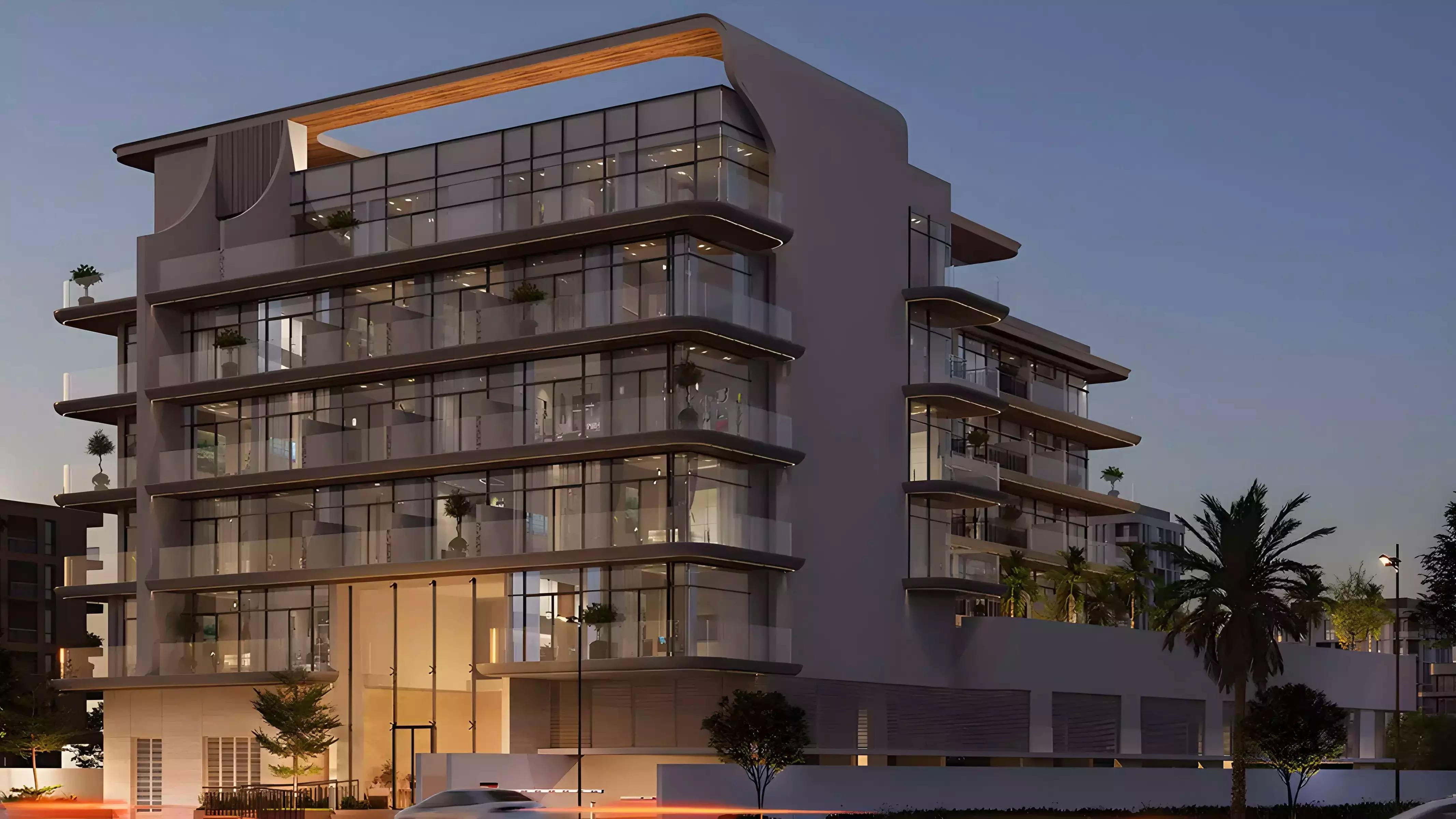 Exterior view of Chapter 02 apartment building by Newbury Development in Al Warsan, Dubai