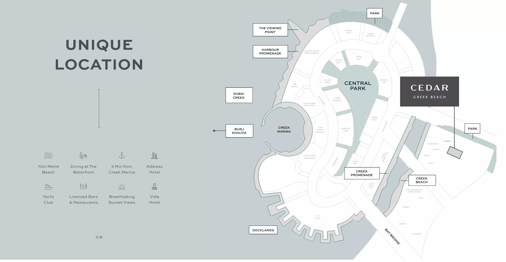 Cedar Creek Beach master plan layout, Dubai Creek Harbour