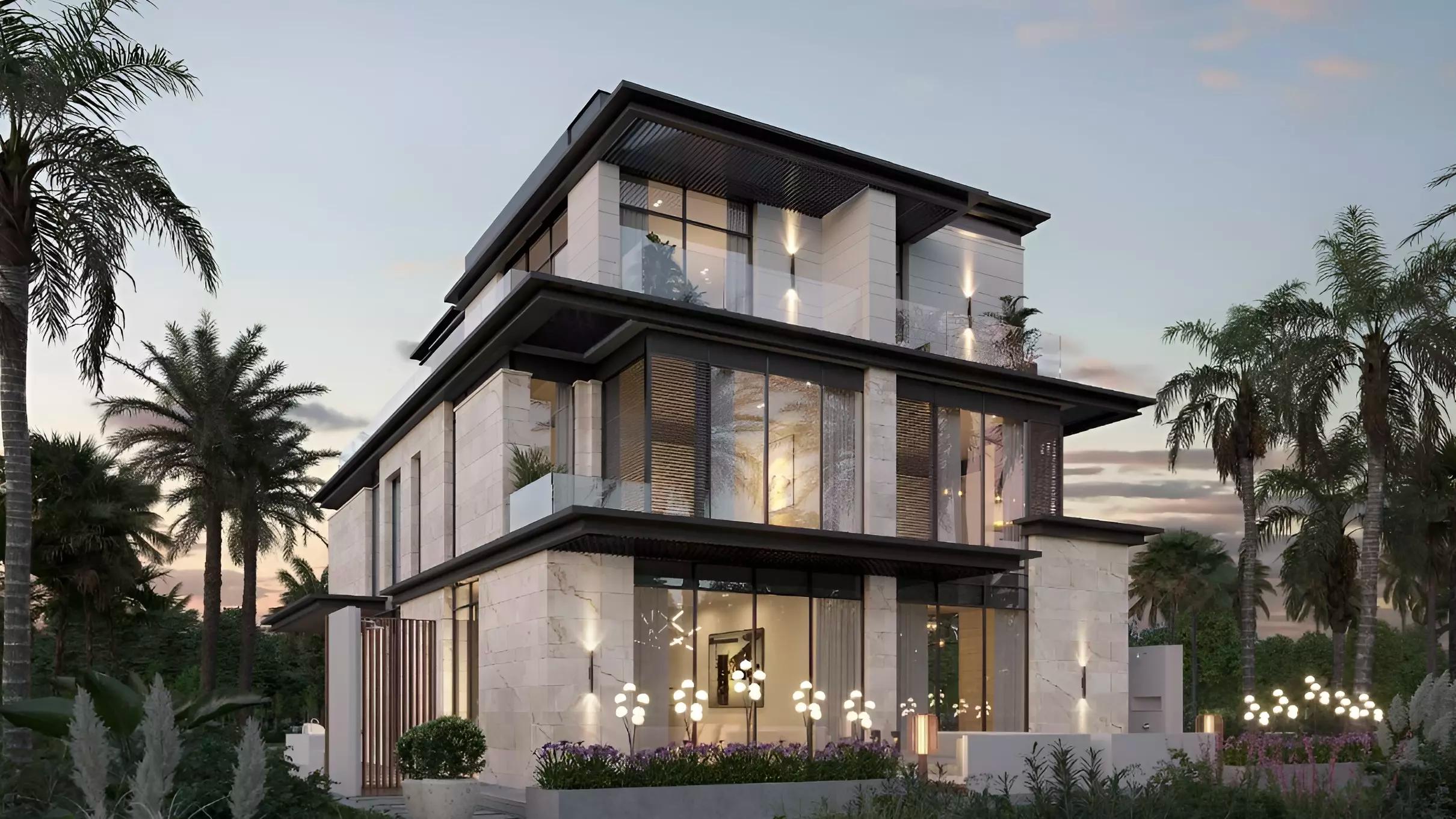 Lua Residences villa exterior with landscaped front garden, District 11, MBR City, Dubai