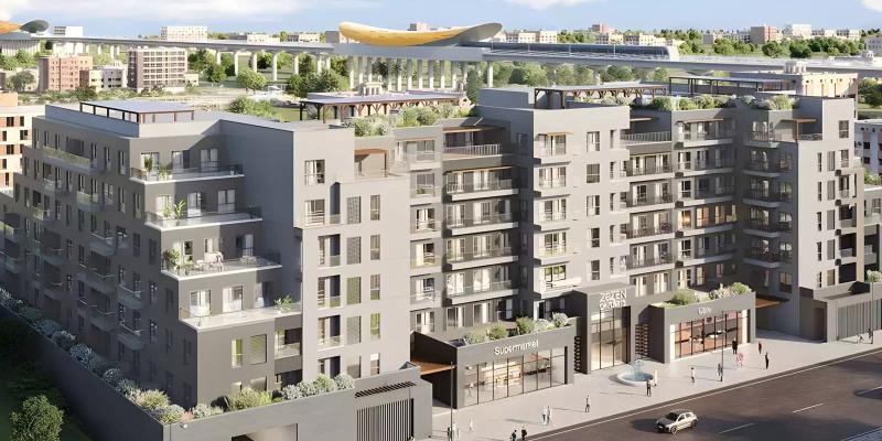 Zazen Gardens apartment building exterior facade, Al Furjan, Dubai