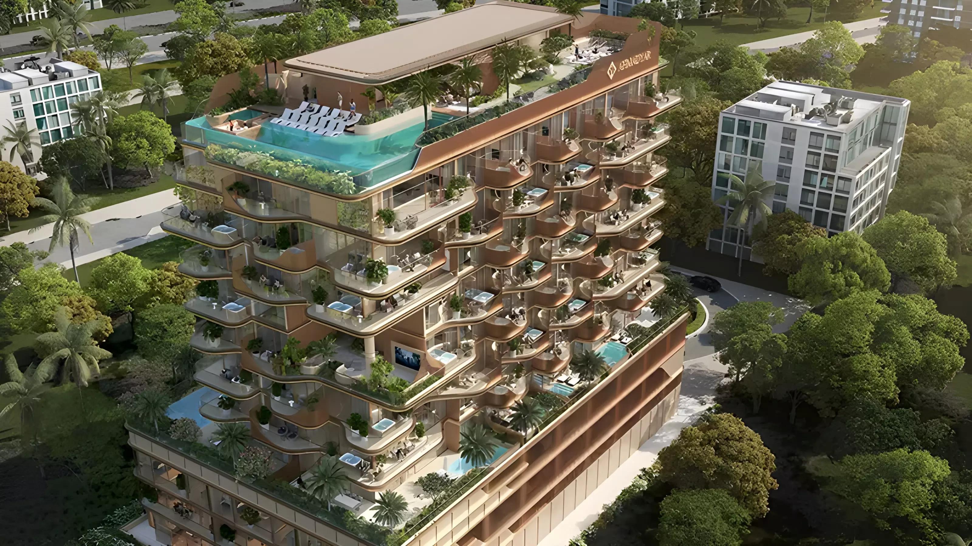 Vestoria Bay waterfront exterior render, Dubai Islands