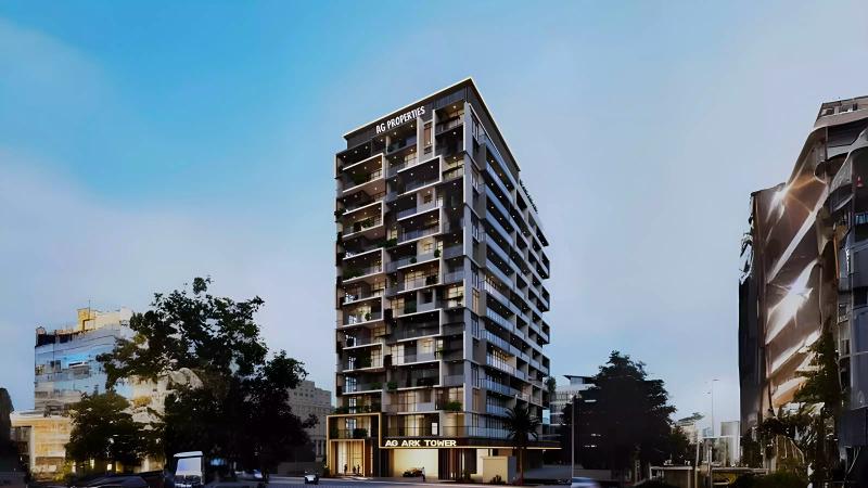 Exterior render of AG Ark Tower apartment building, Dubai Land Residence Complex