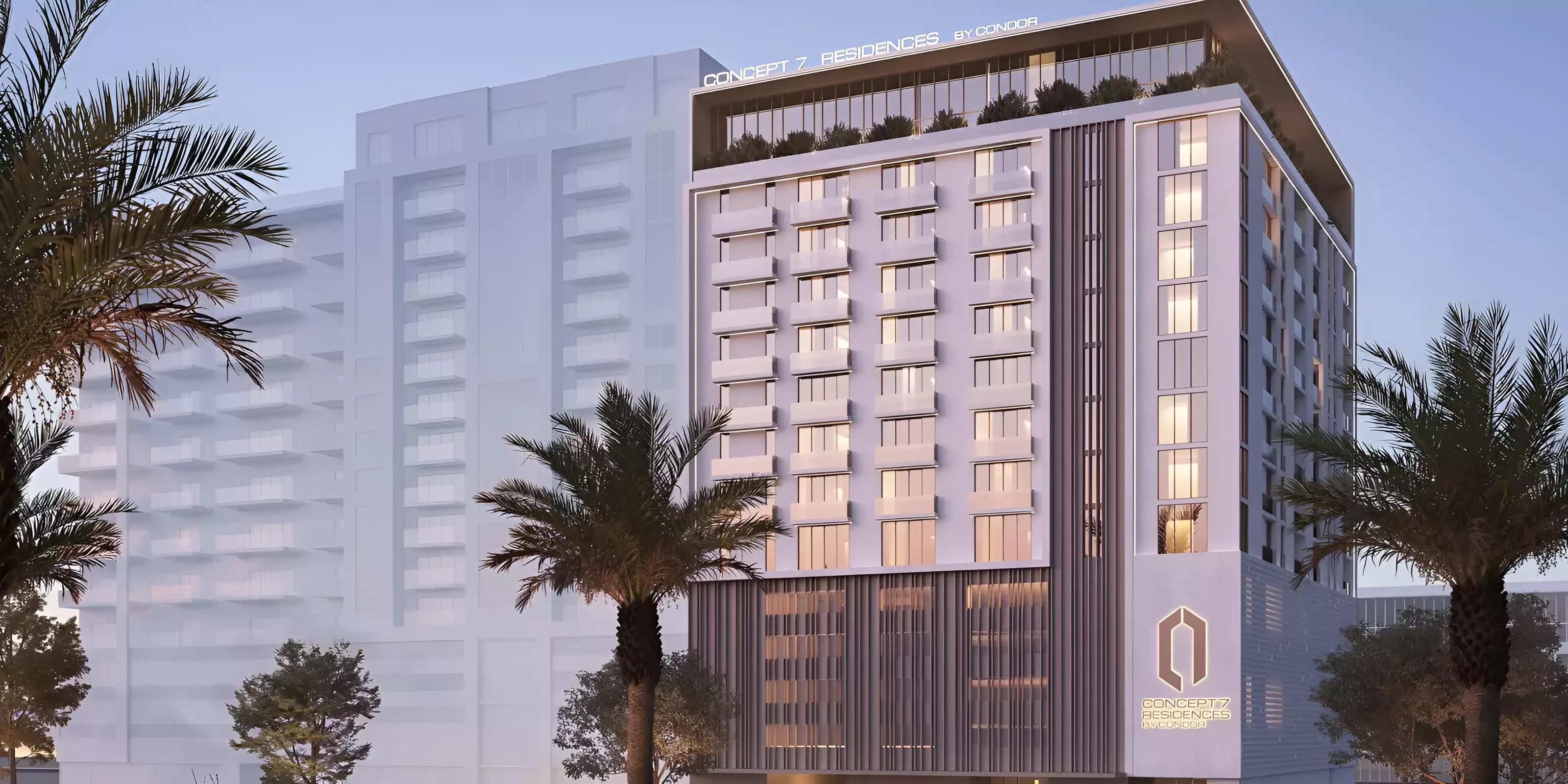 Concept 7 Residences exterior facade in Jumeirah Village Circle, Dubai