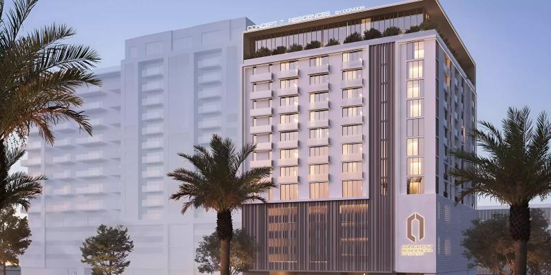 Concept 7 Residences exterior facade in Jumeirah Village Circle, Dubai