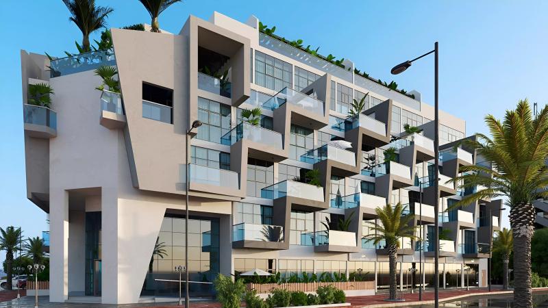 Exterior facade of Mass Residences apartment building in Jumeirah Village Circle, Dubai