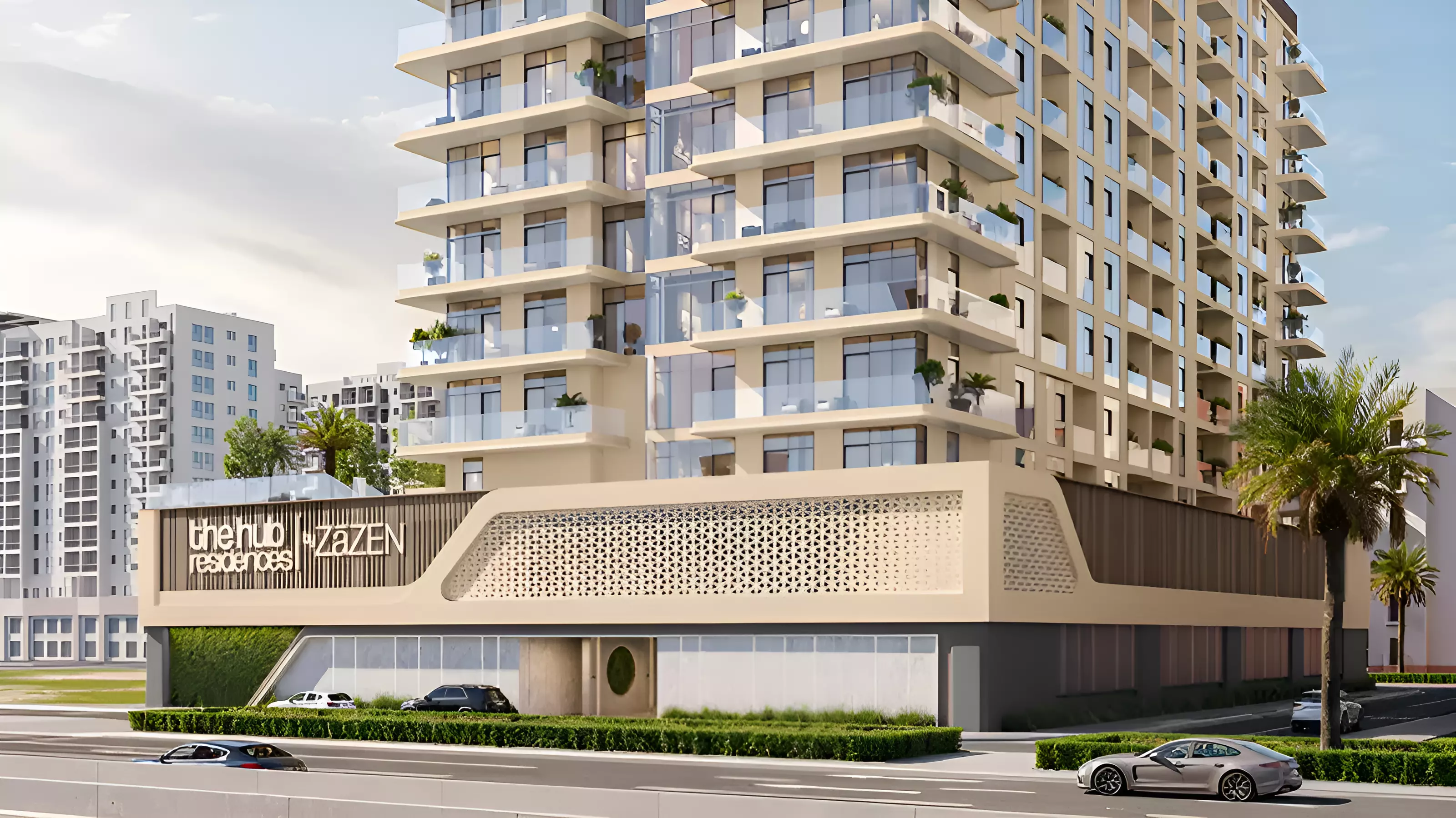 The Hub Residences building entrance and podium, Al Furjan, Dubai