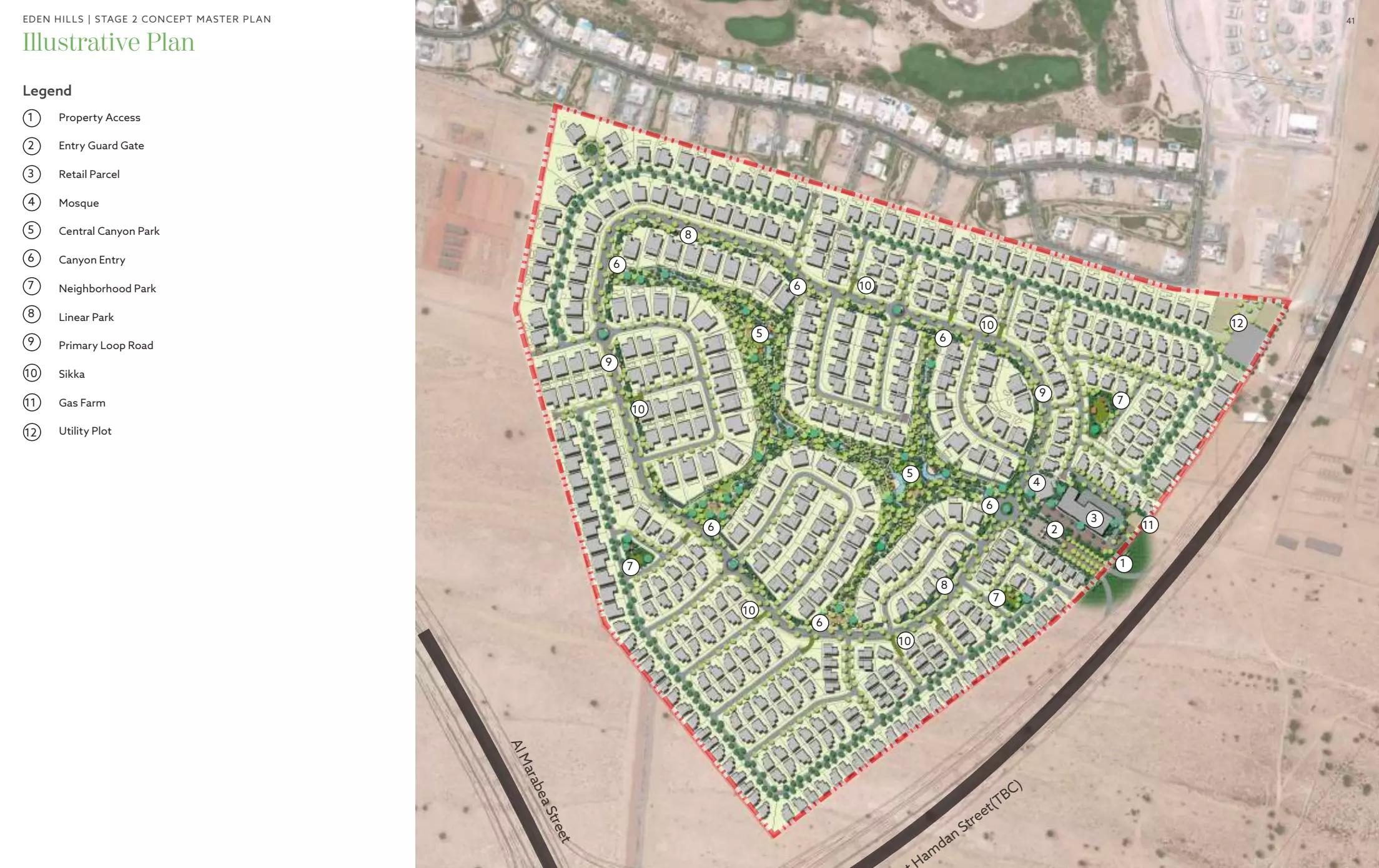 Eden Hills master plan layout showing villa plots and community facilities, MBR City, Dubai