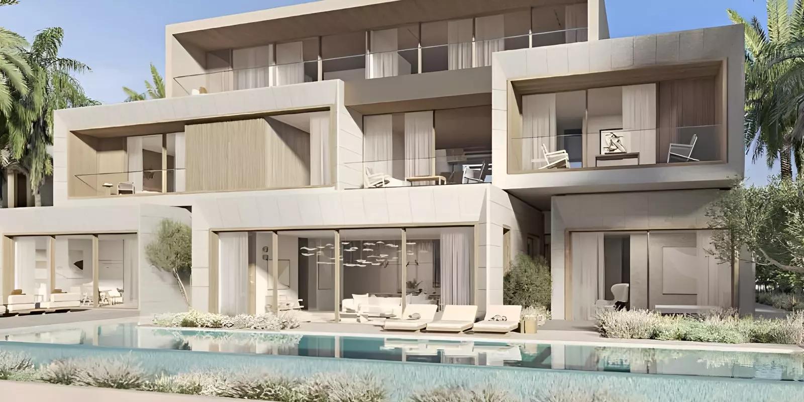 Palm Jebel Ali Frond M villa facade and driveway, Nakheel, Dubai