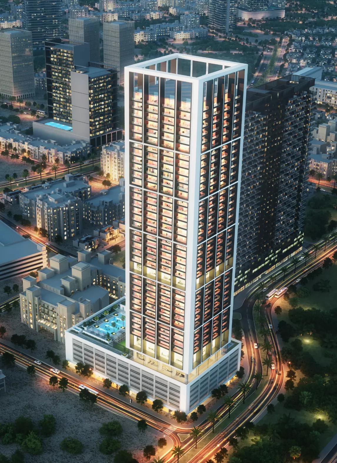 Binghatti Apex tower amenity deck with infinity pool, Dubai