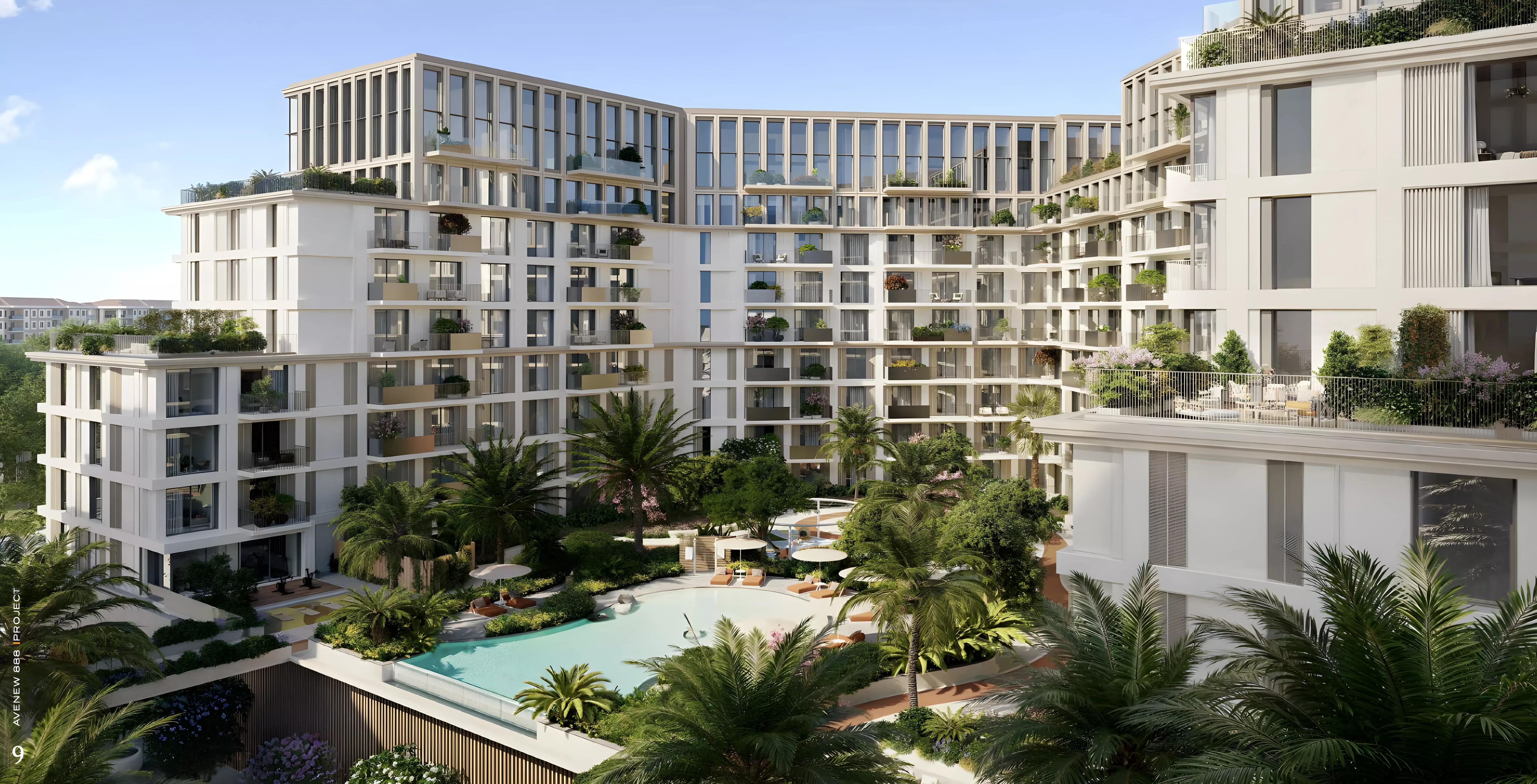 Avenew 888 landscaped gardens and walkway, Dubai South, Dubai