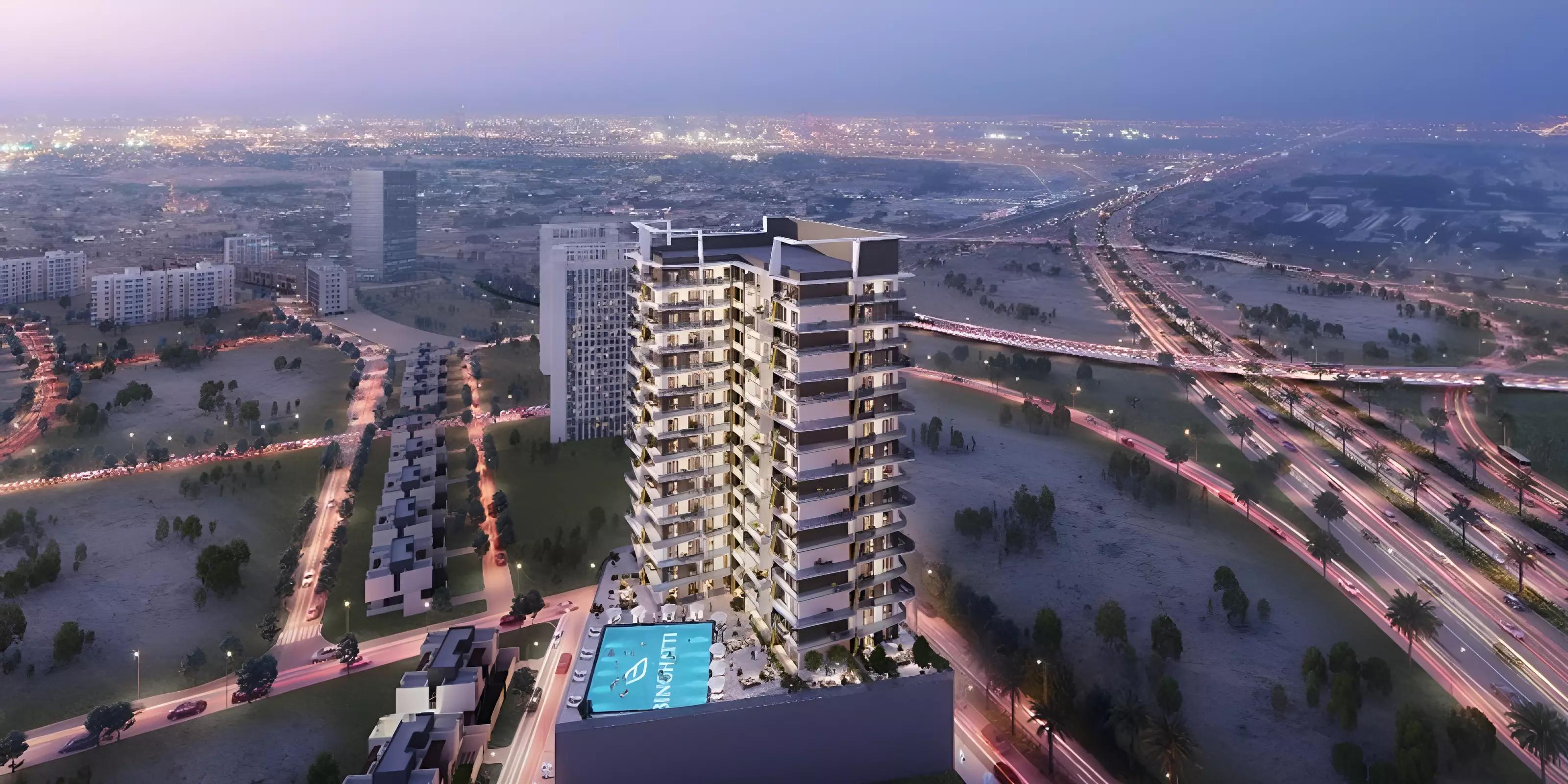 Binghatti Luna residential tower street view, Jumeirah Village Circle