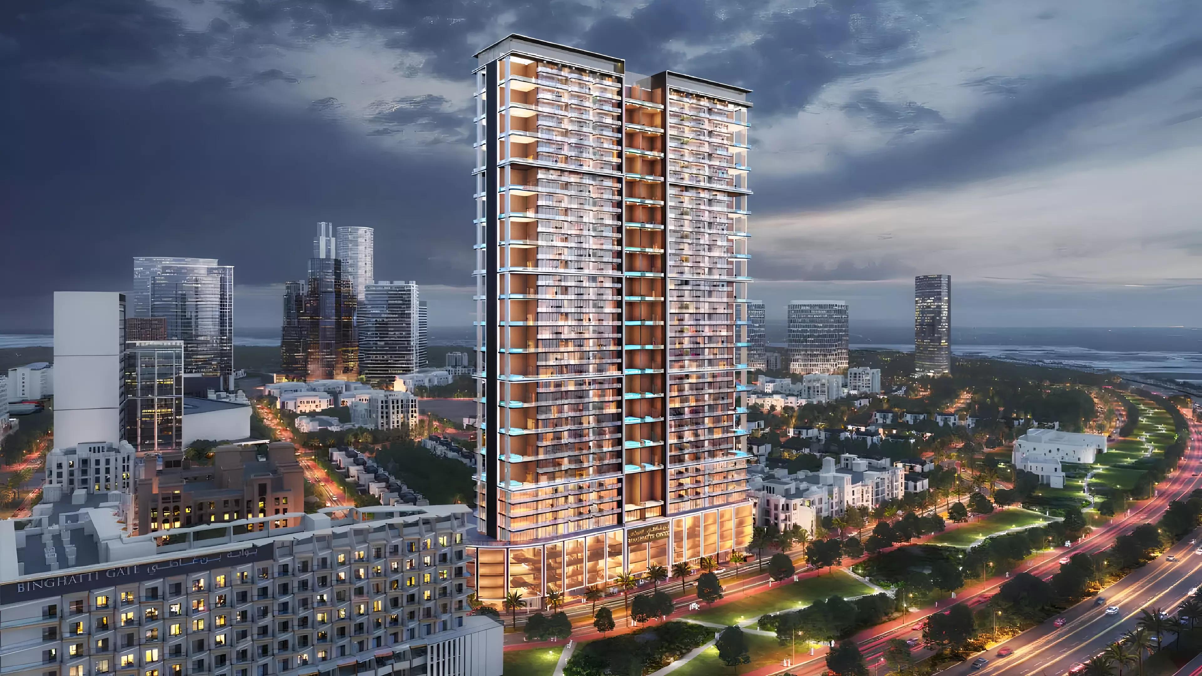 Exterior facade of Binghatti Onyx apartment tower in JVC District 15, Dubai