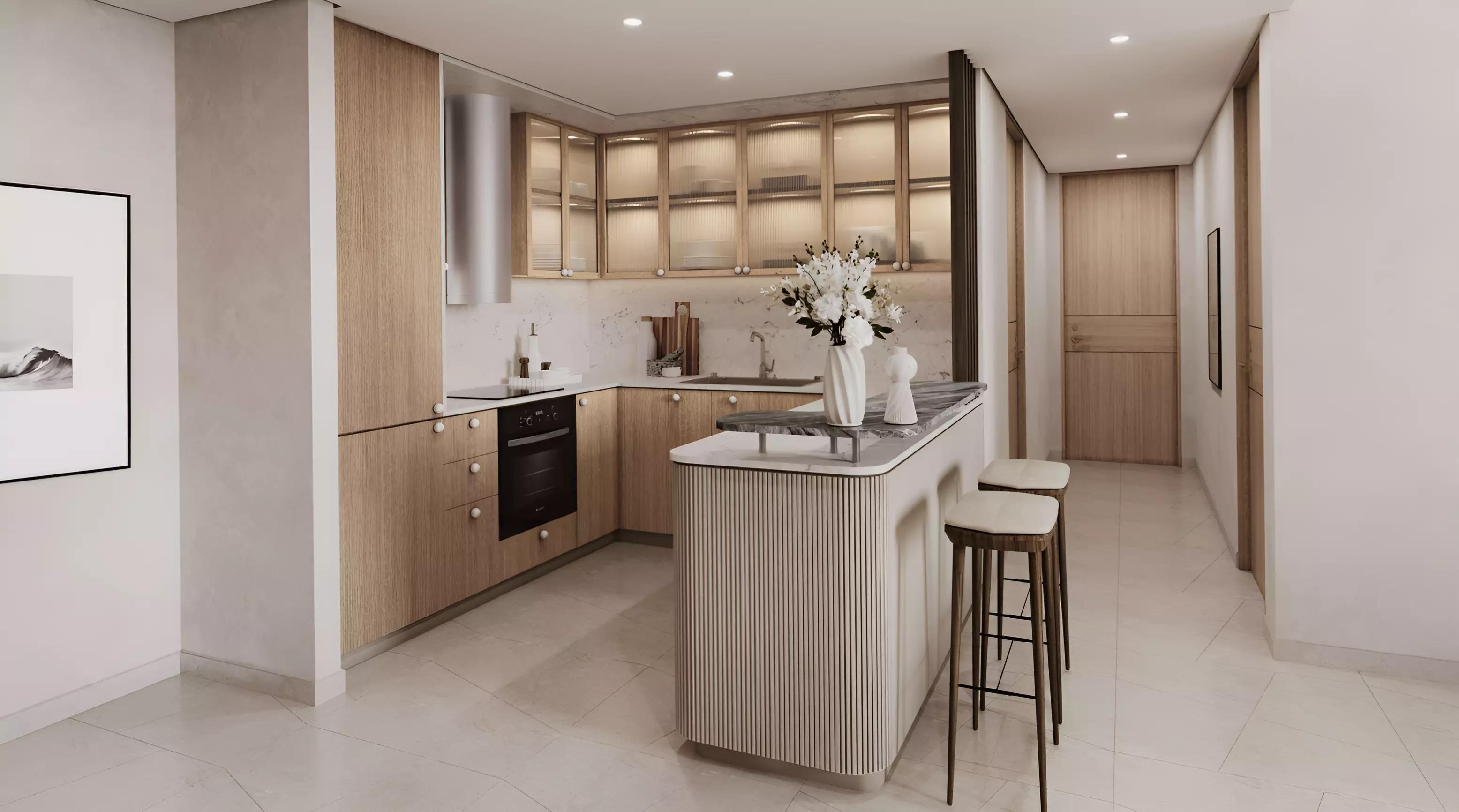 Saria residential tower exterior with waterfront view, Dubai Maritime City