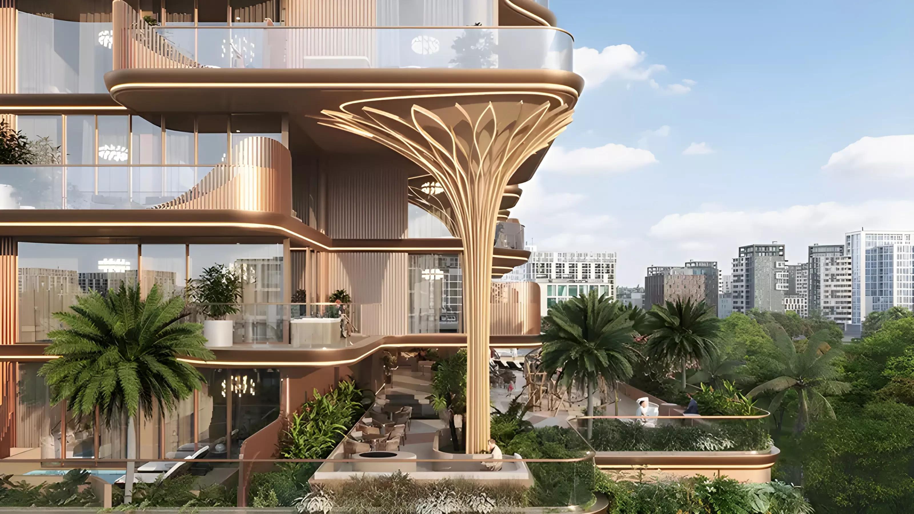Vestoria Bay building facade and landscaped entrance, Dubai Islands