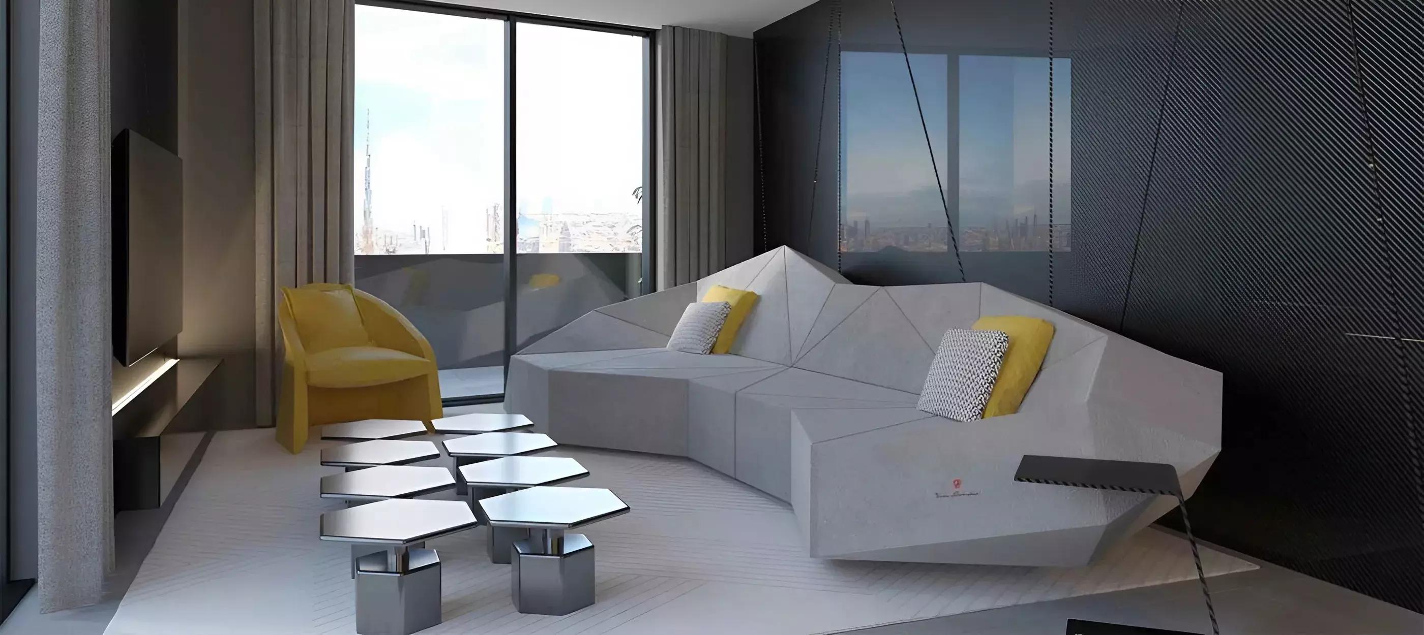 Tonino Lamborghini Residences lobby interior, Nad Al Sheba, Dubai