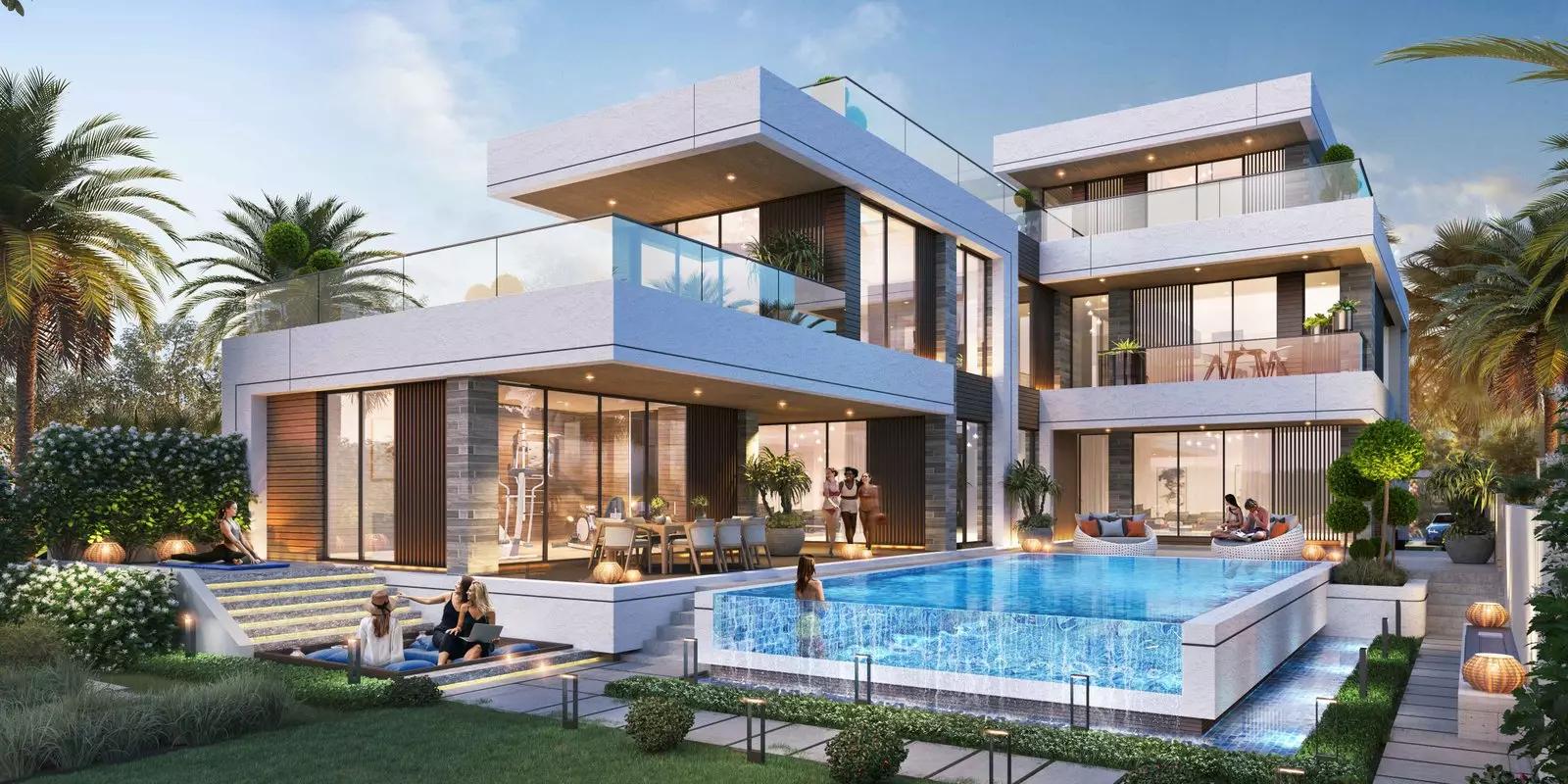 Morocco townhouse row facing lagoon waterway, DAMAC Lagoons, Dubai