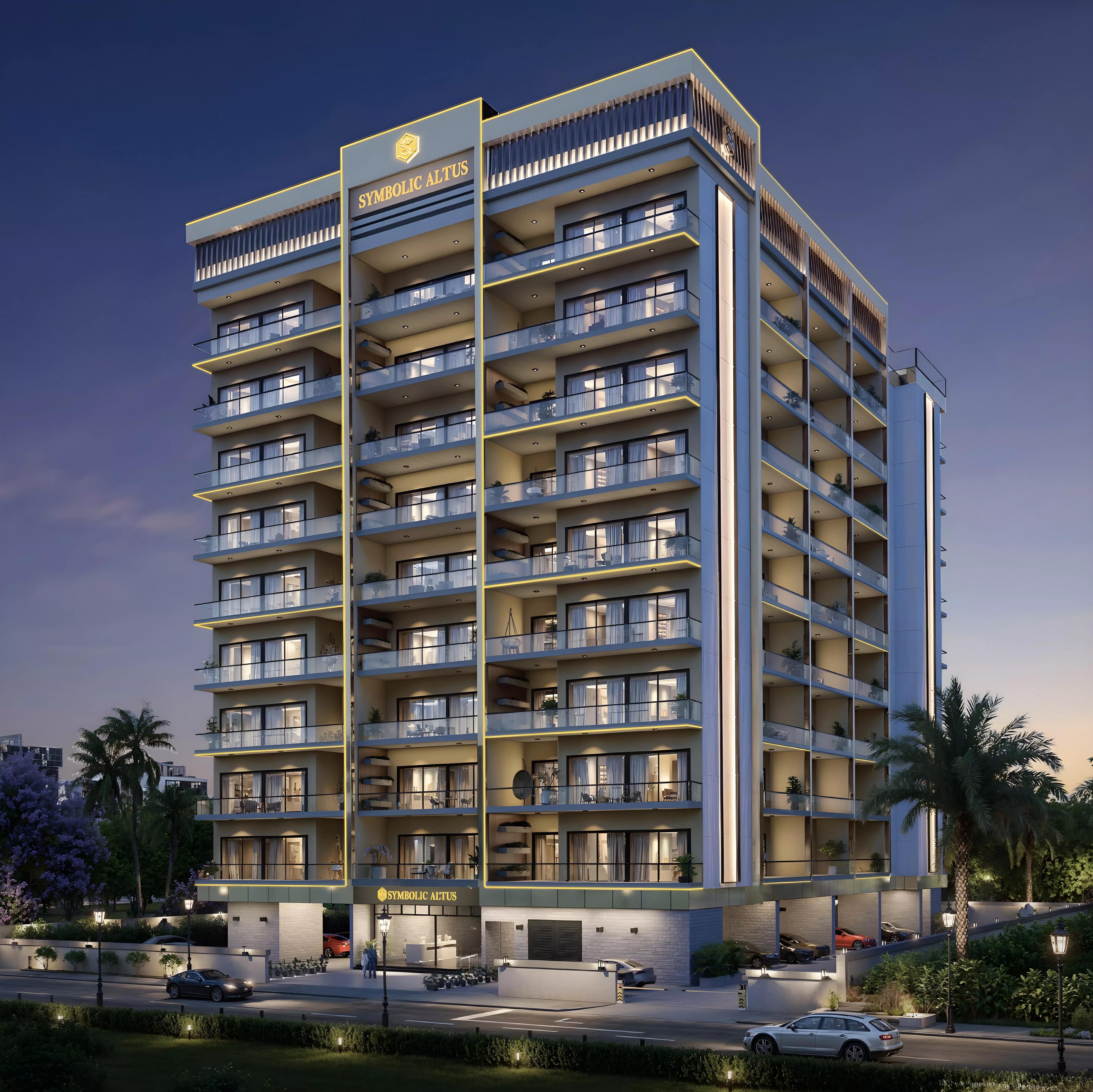Symbolic Altus building elevation and entrance, Liwan, Dubai