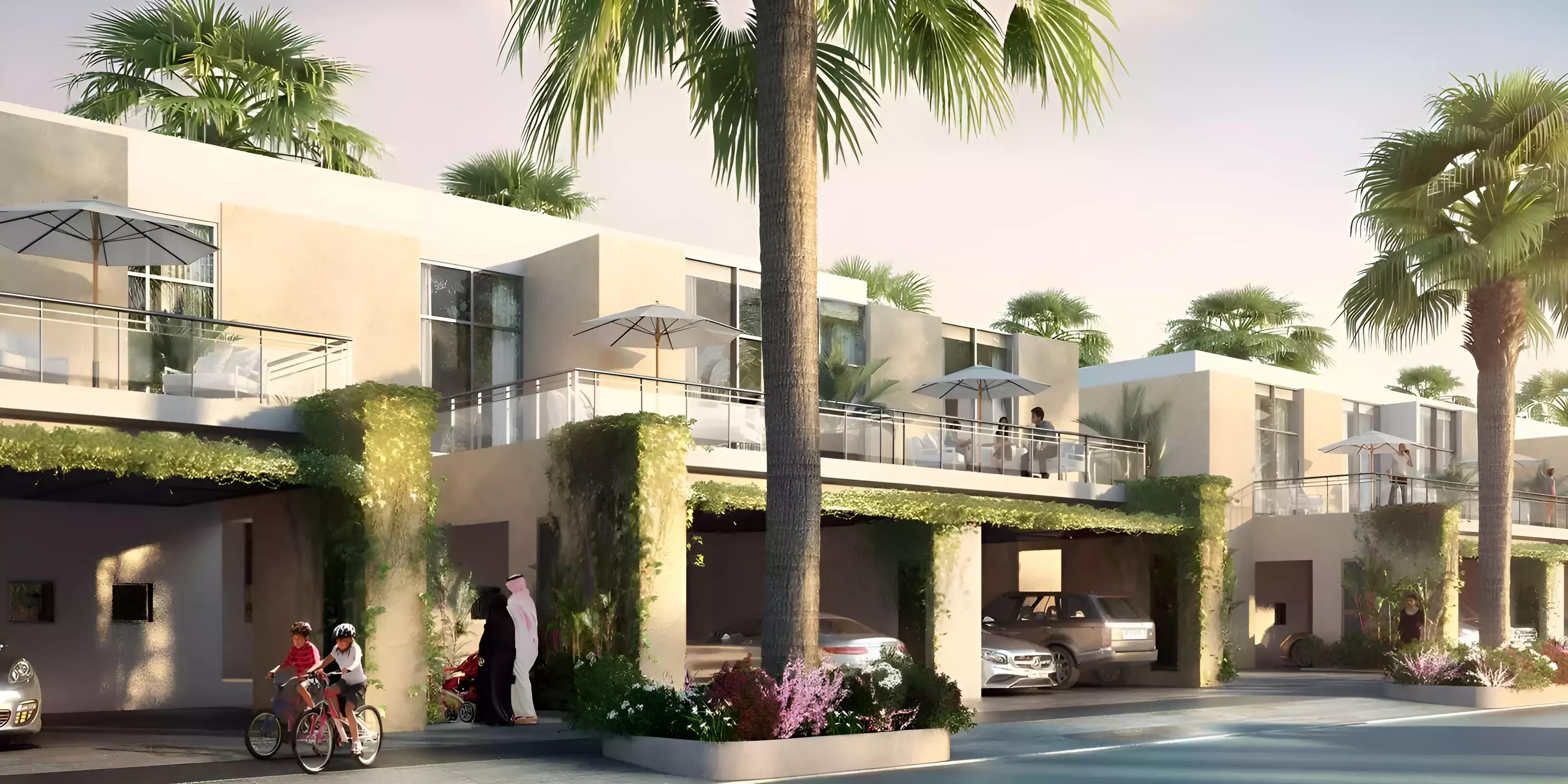 Jade at The Fields townhouse exterior with private garden, MBR City, Dubai