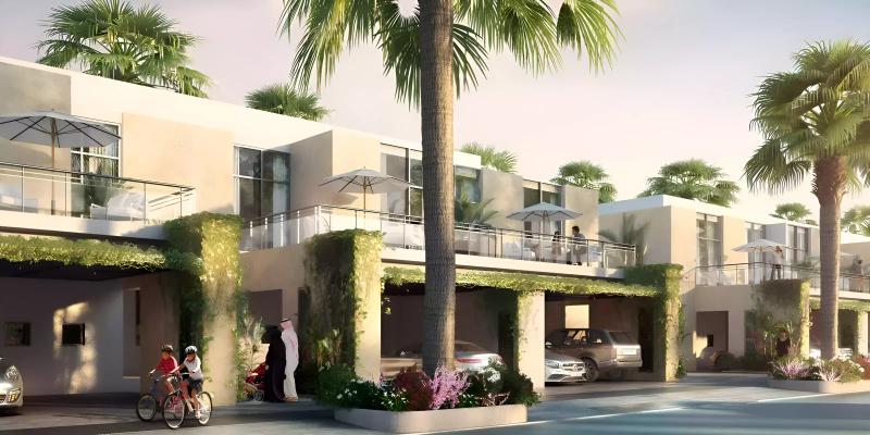 Jade at The Fields townhouse exterior with private garden, MBR City, Dubai